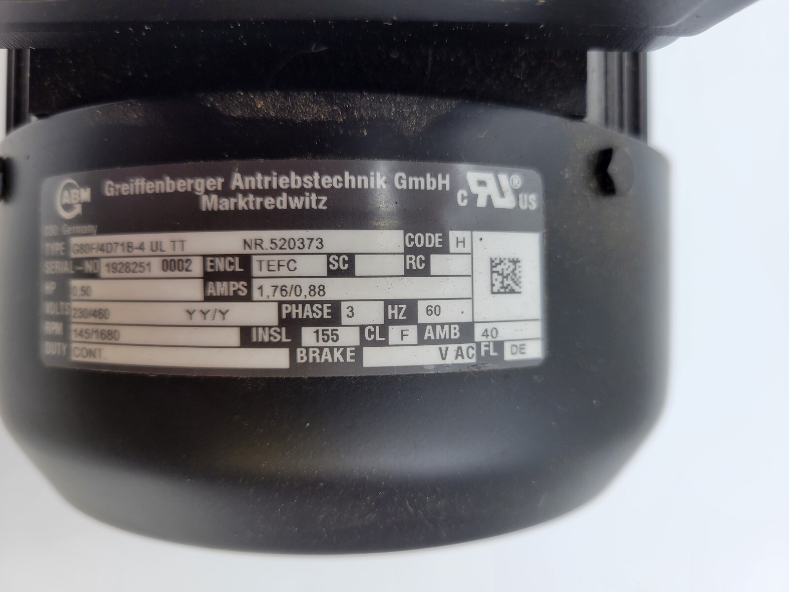 ABM Greiffenberger G80F/4D71B-4 UL TT Gear Motor 1.76A 230/460V 60Hz 0.5HP 3PH