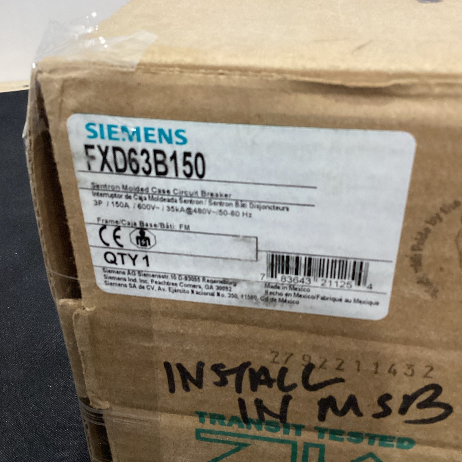 Siemens Sentron Molded Case 600V 150A Circuit Breaker FXD63B150