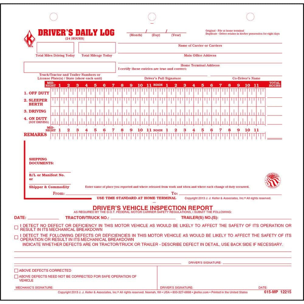 J. Keller Mid-Size Driver Daily Log with DVIR 2-Ply 8.5″ x 8.25″