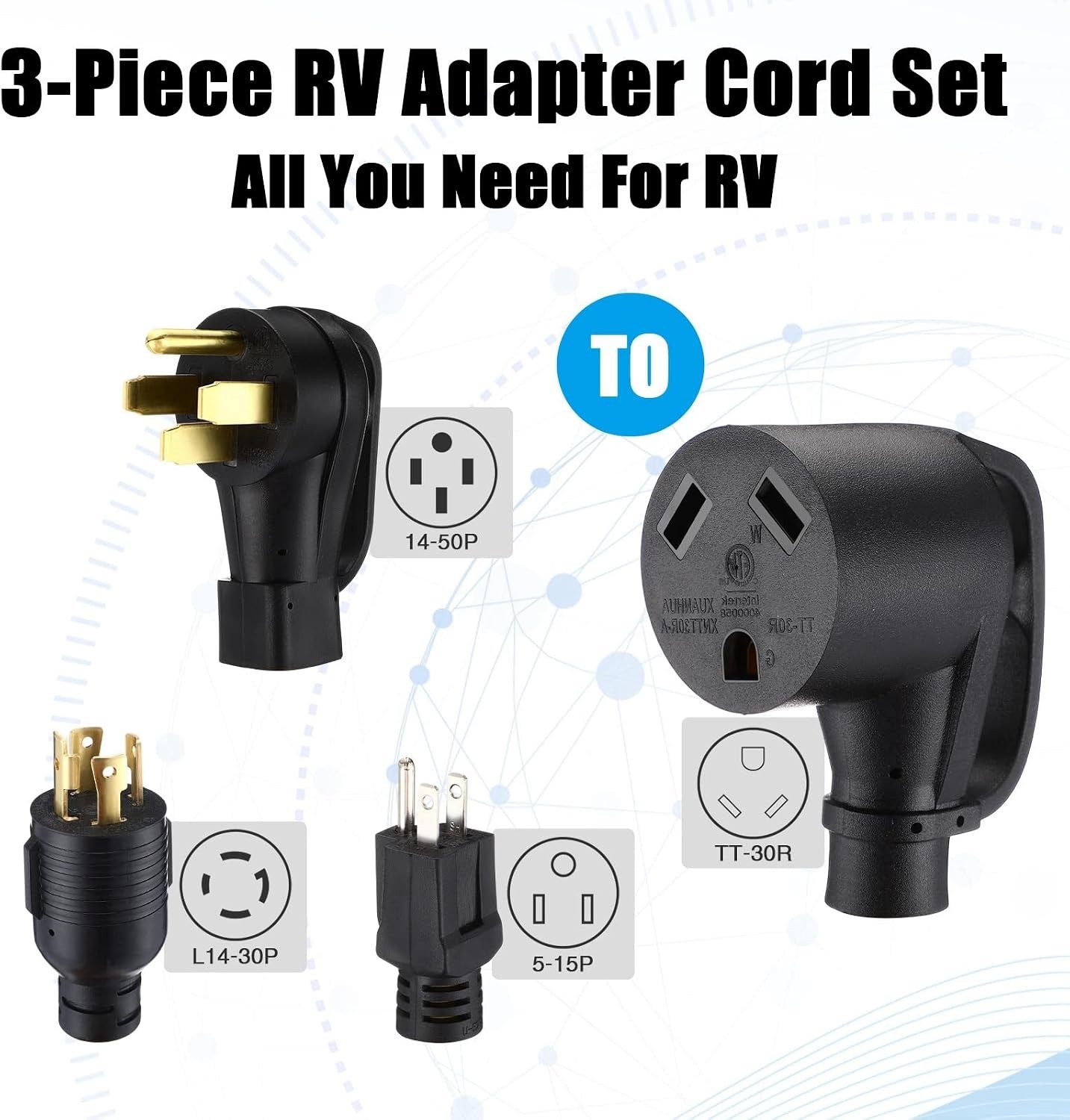 3 Pcs RV Generator Adapter Cord Kit, 14-50P/5-15P/L14-30P to TT-30R, 50A to 30A,