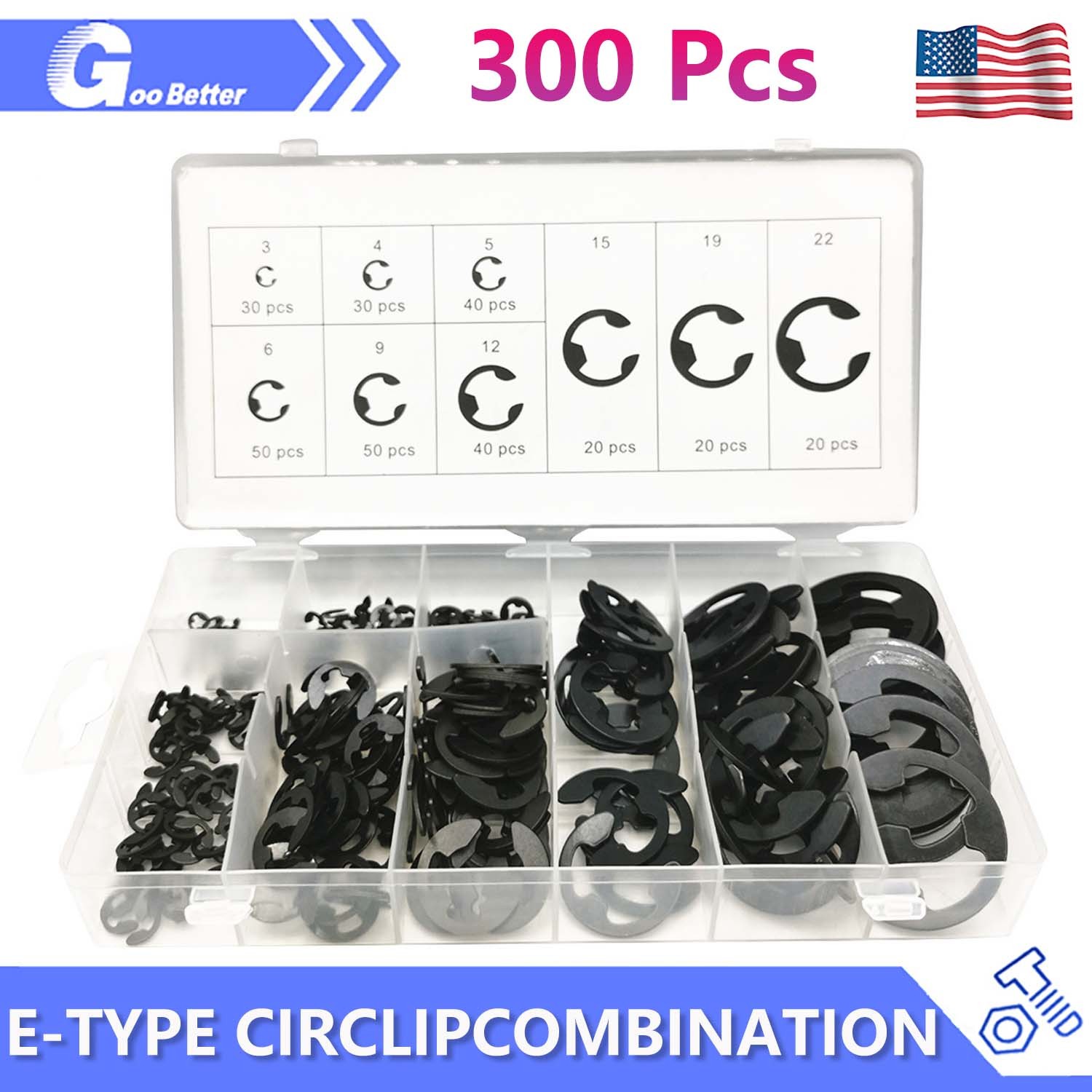 300 Pcs E-Clip Assortment Set Heat Treated High Carbon Circlip Kit 9 SAE Sizes