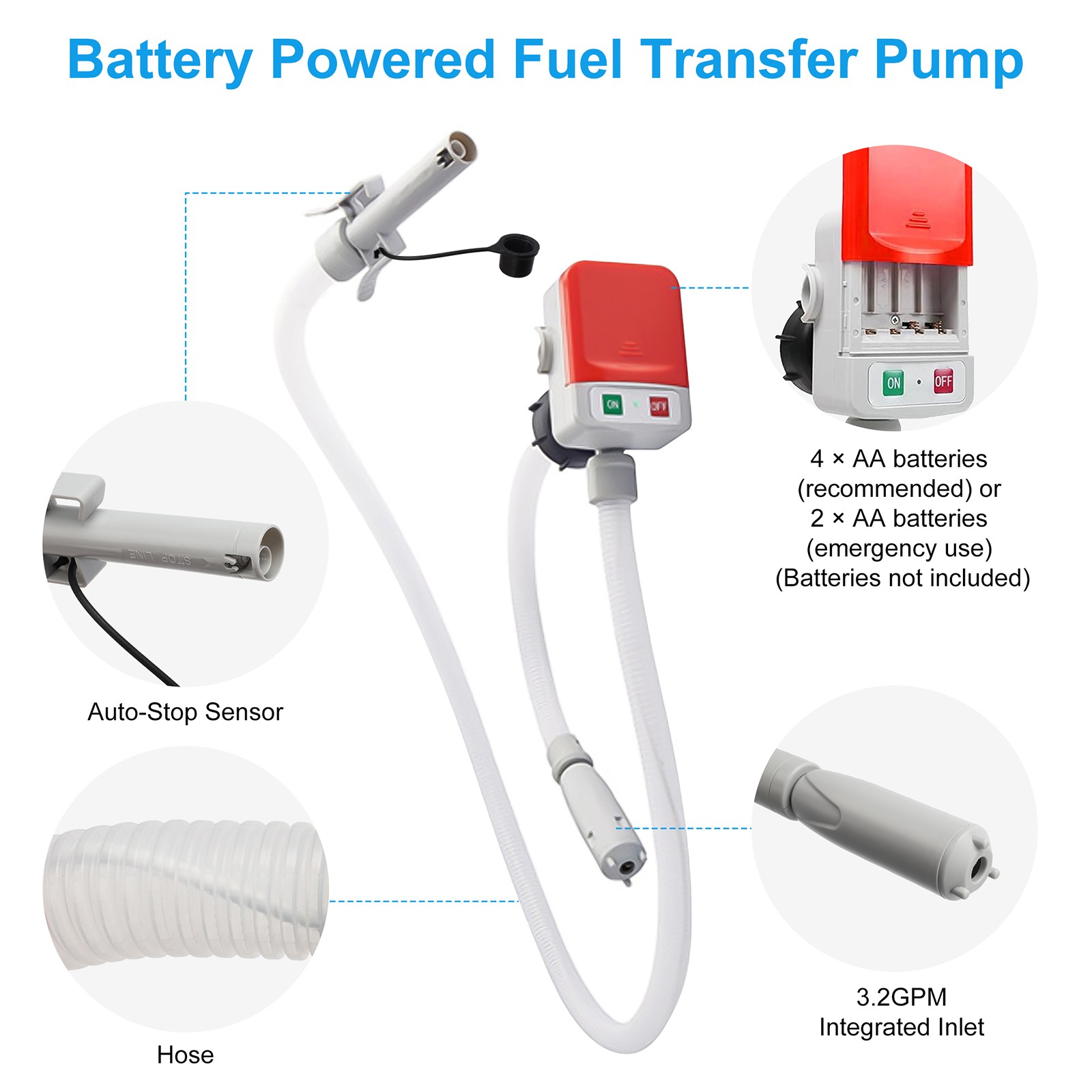 3.2GPM Fast Flow Portable Battery Electric Fuel Transfer Pump Auto Stop w/ Hose