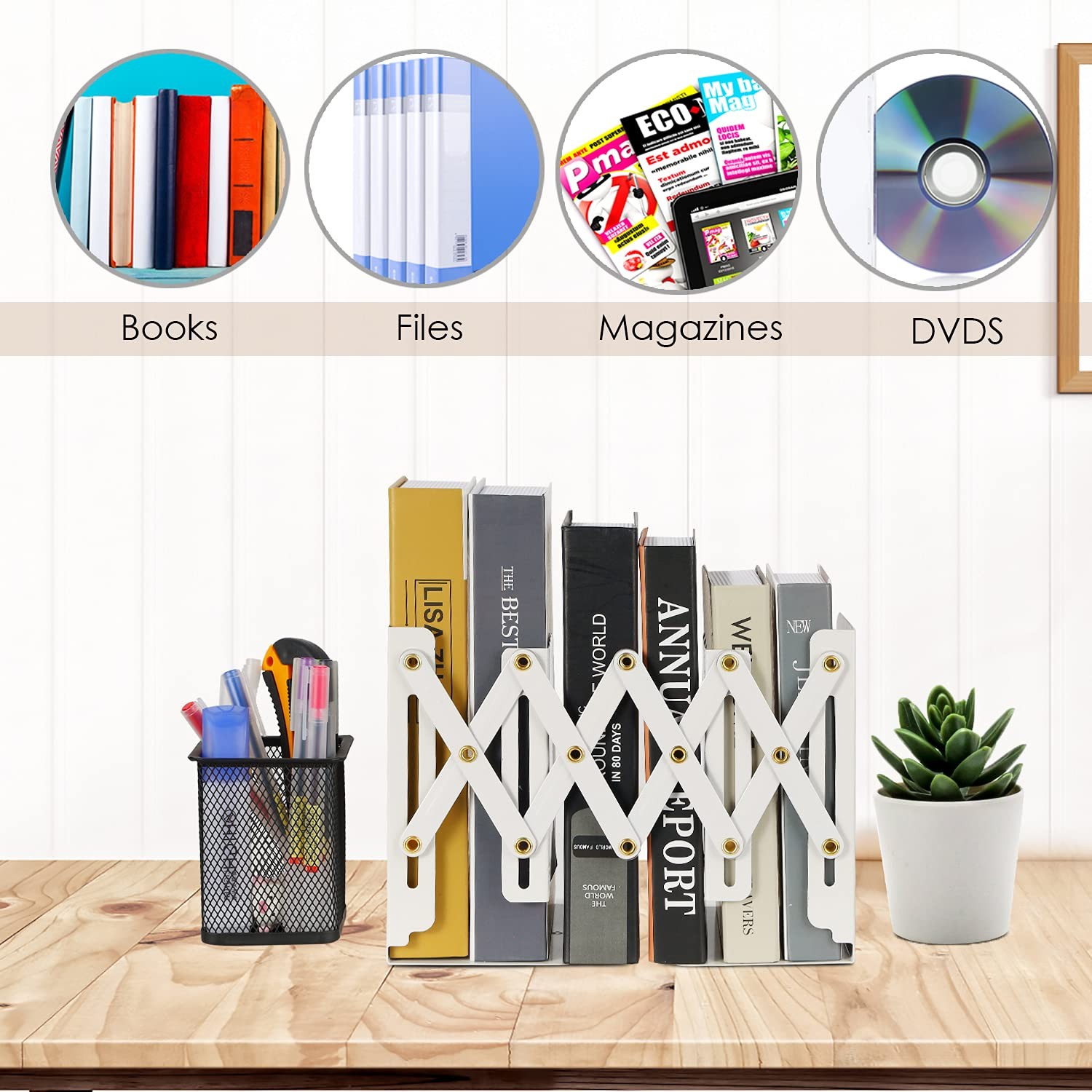 Olebes Adjustable Book Ends, Metal Iron Non 18.9/4.13*6.1*7.68 inch, White