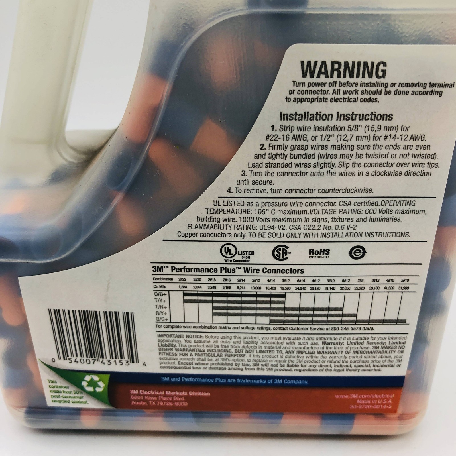 3M 7000133222 Performance Plus O/B+ Wire Connectors Orange/Blue 500/Jug