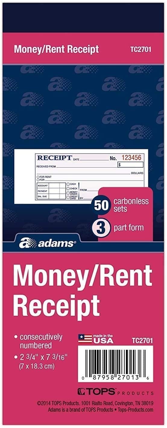 Adams Money/Rent Receipt Book, Carbonless, 3-Part, 2-3/4 x 7-3/16 Inches, 50…