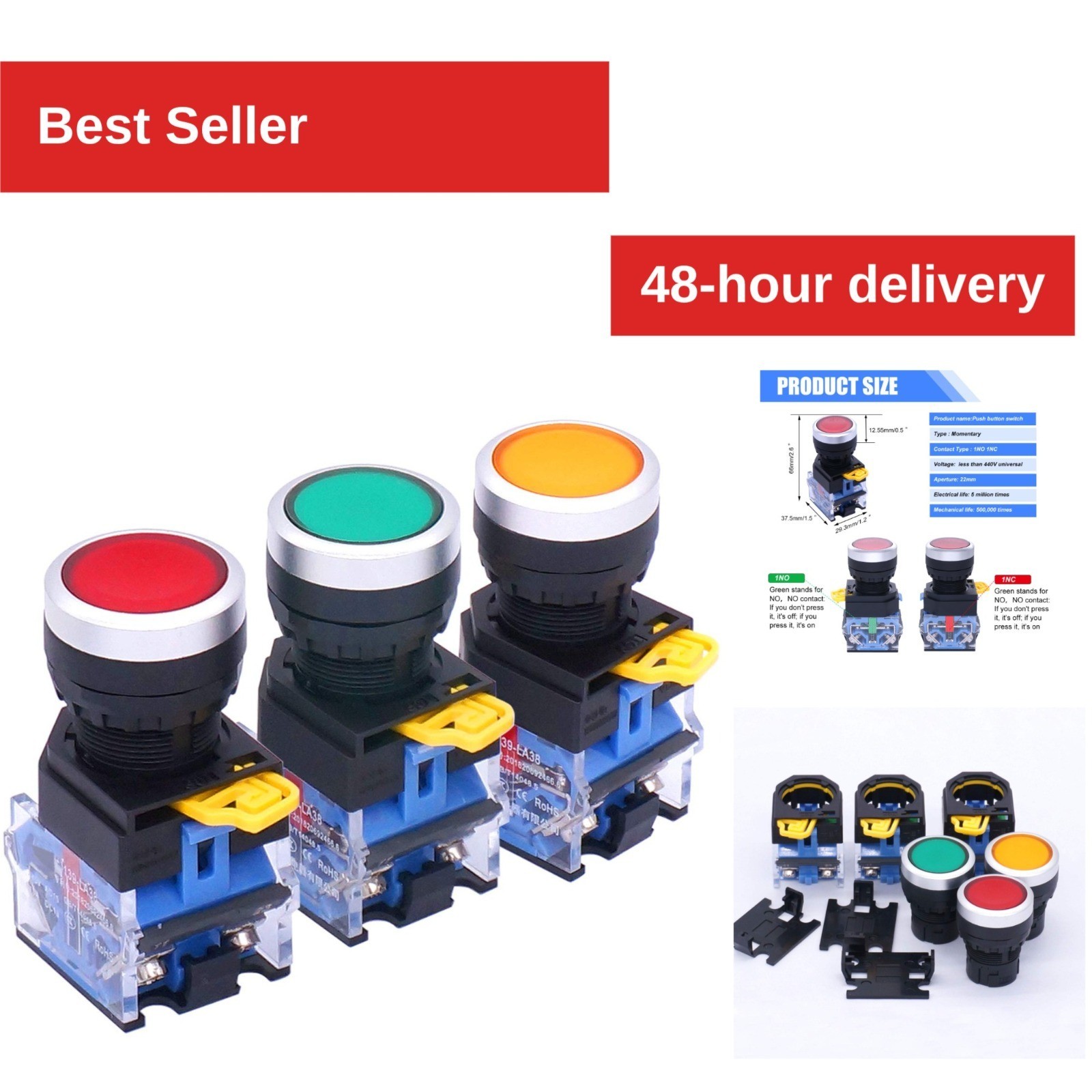 Taiss 3 Pack 22mm Momentary Push Button Switch 10A 440V DPST