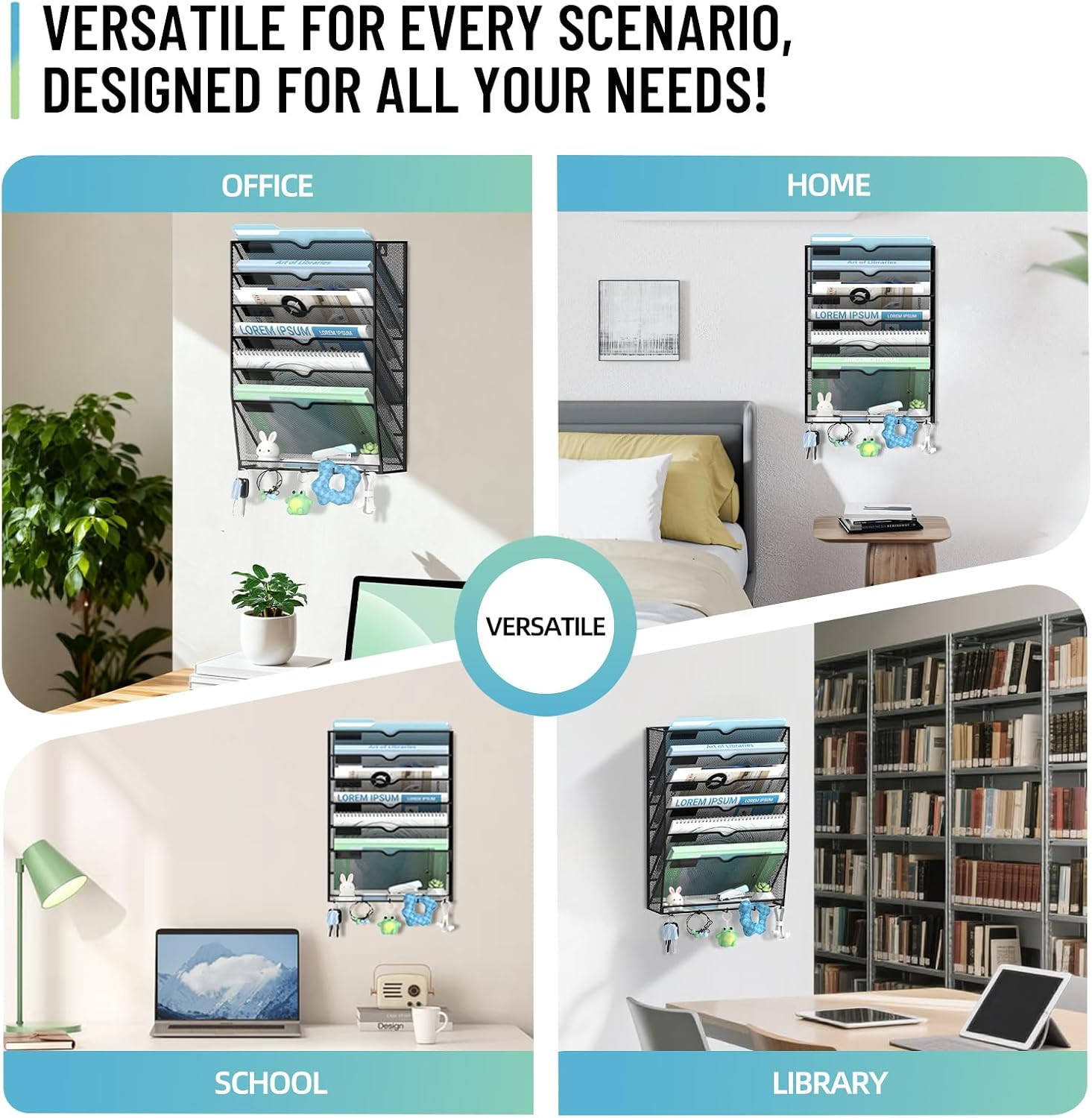 Wall File Organizer, 7 Tier Hanging File Organizer with 5 Hooks, Wall Mounted Ma