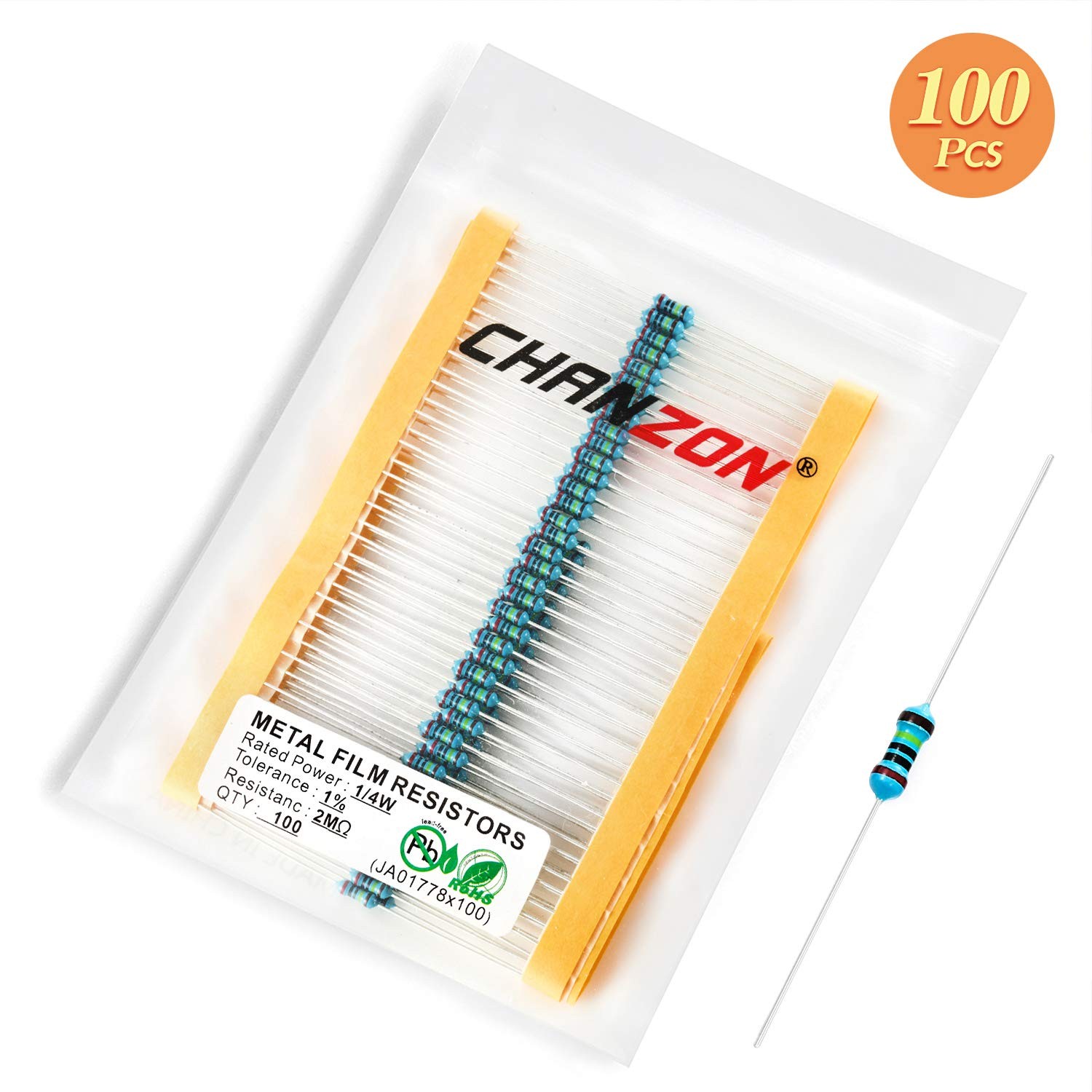 100pcs 1/4W 0.25W 2M Ohm Metal Film Fixed Resistor 0.01 1 Tolerance MF Through
