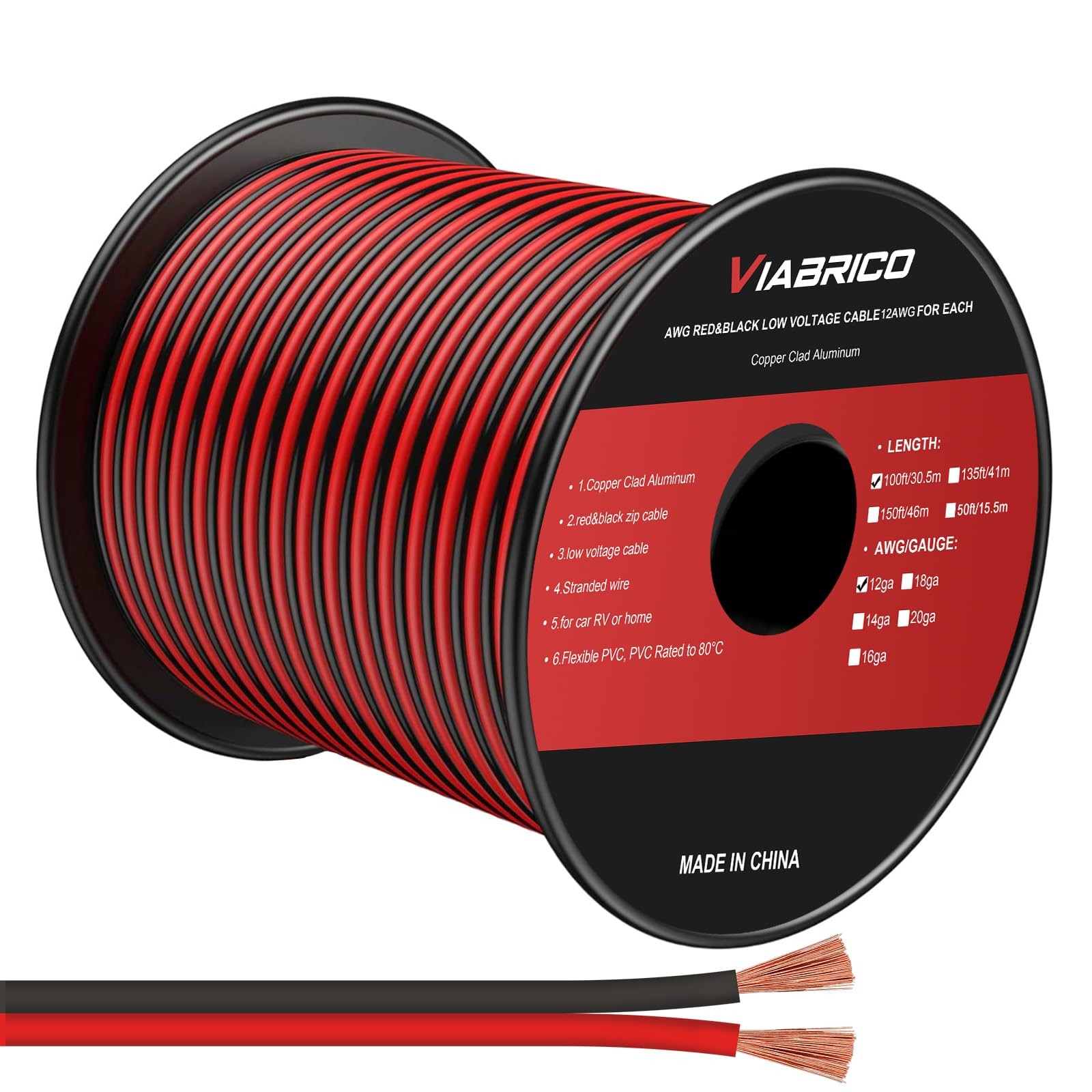 12Gauge 100FT Electrical Wire Cable 2 Conductors Red Black Cable Hookup LED L…