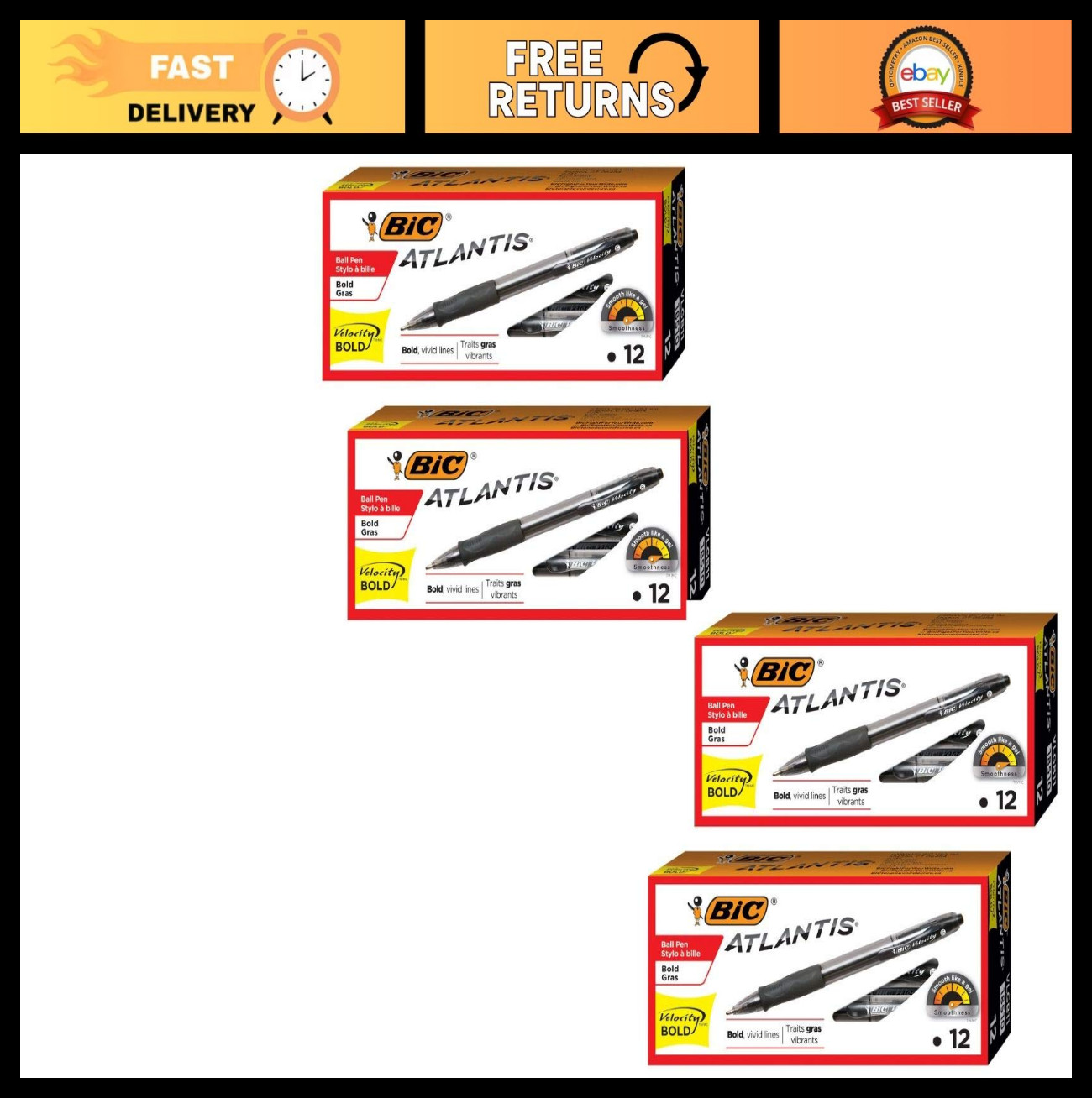 Bold Point Retractable Ball Pens, 1.6mm, Black Ink, 12-Count, 18 Packs