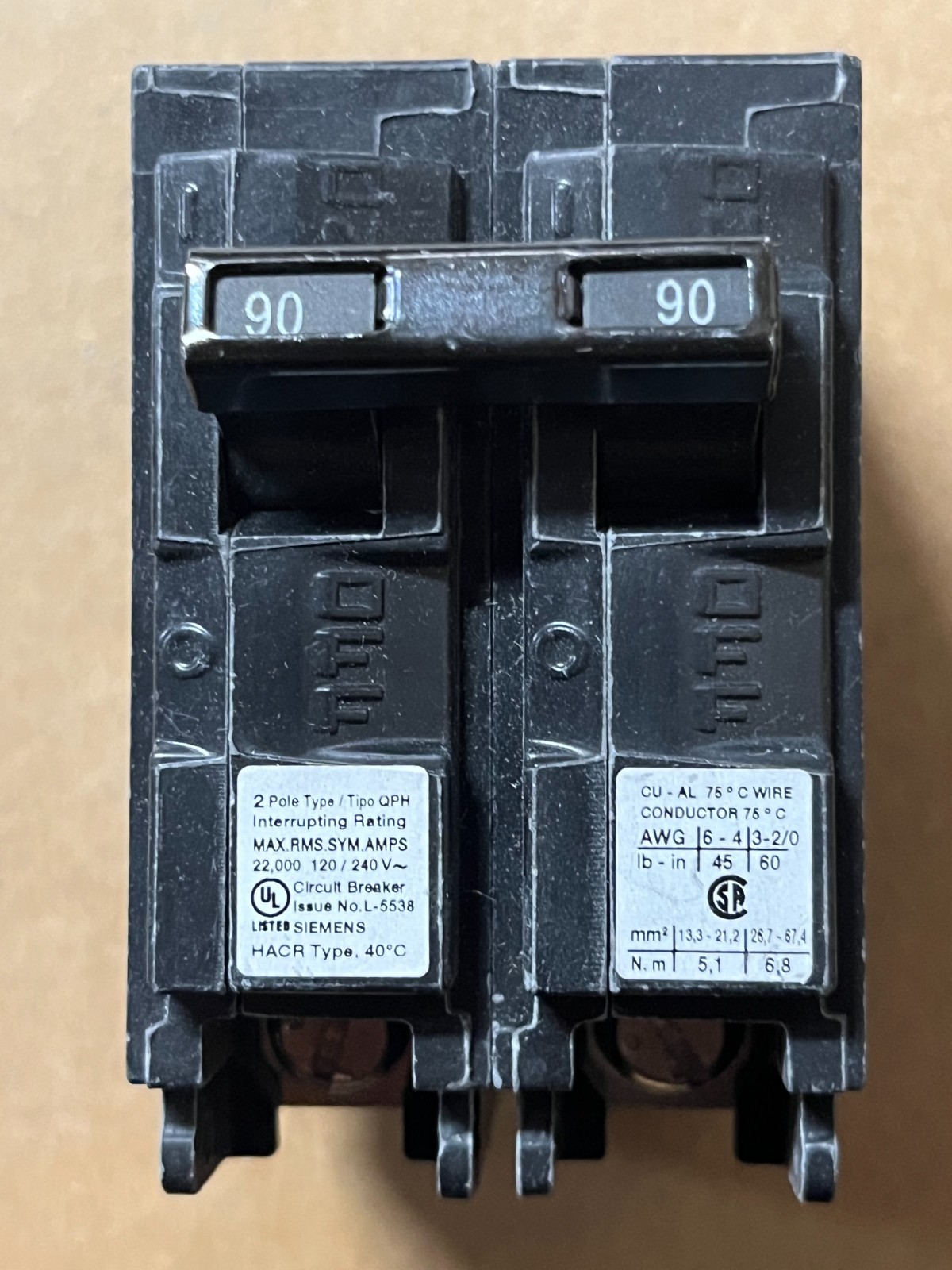 NEW (Qty 1) Siemens Q290H Circuit Breaker 90 Amp, 2-Pole, Type QPH, 22kA