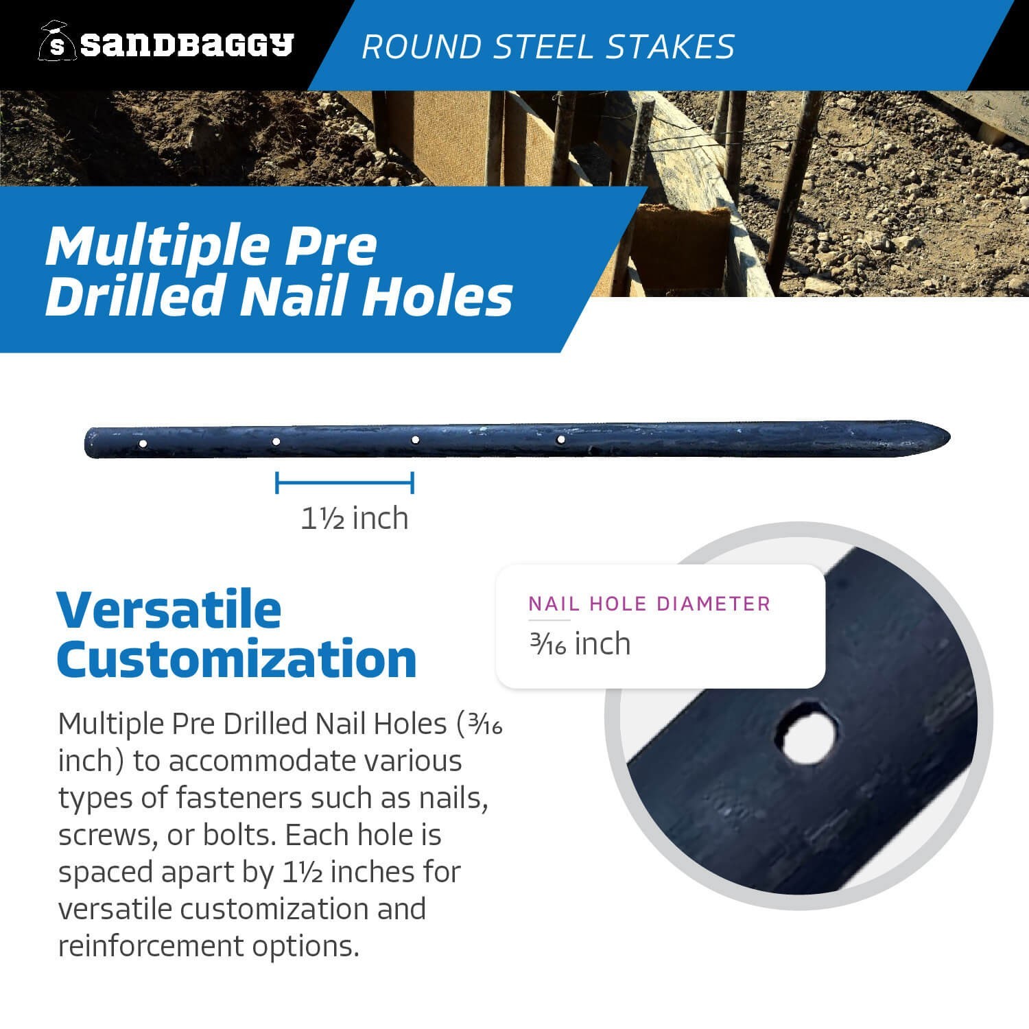 18″ Round Steel Concrete Form Stakes with Nail Holes – USA Made – Sandbaggy