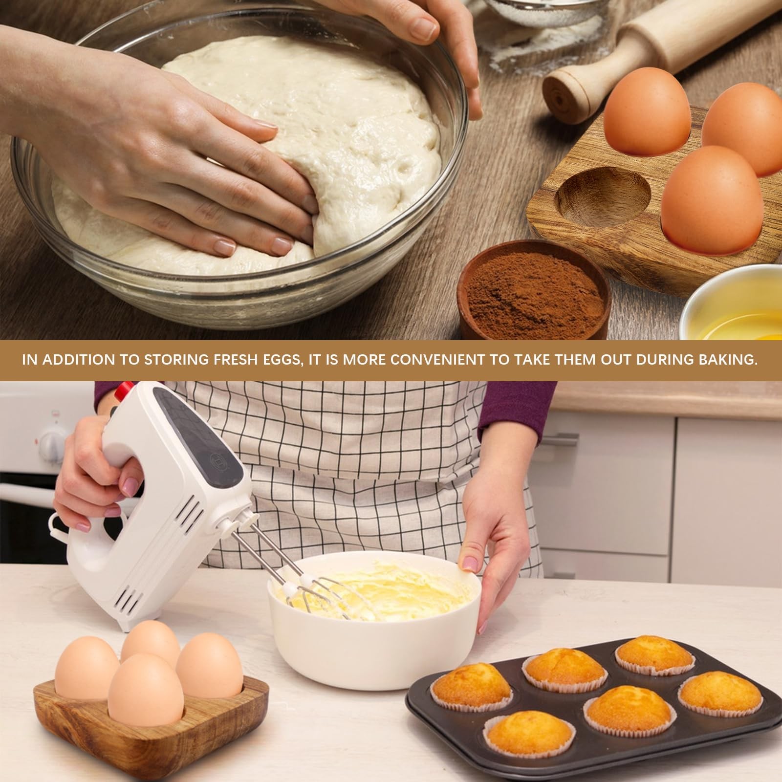 4 Slots Wooden Egg Tray, Holder for Kitchen Refrigerator Countertop brown