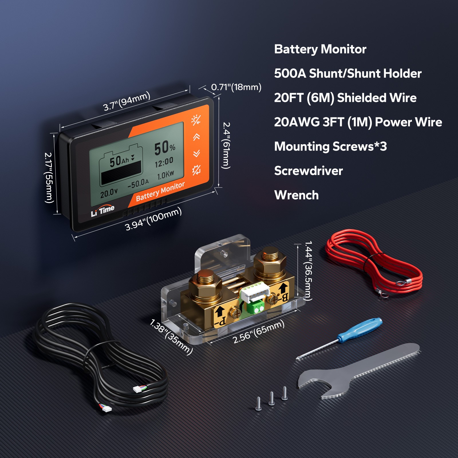 LiTime 500A 8V-120V Battery Monitor with Shunt with Capacity Percentage Display