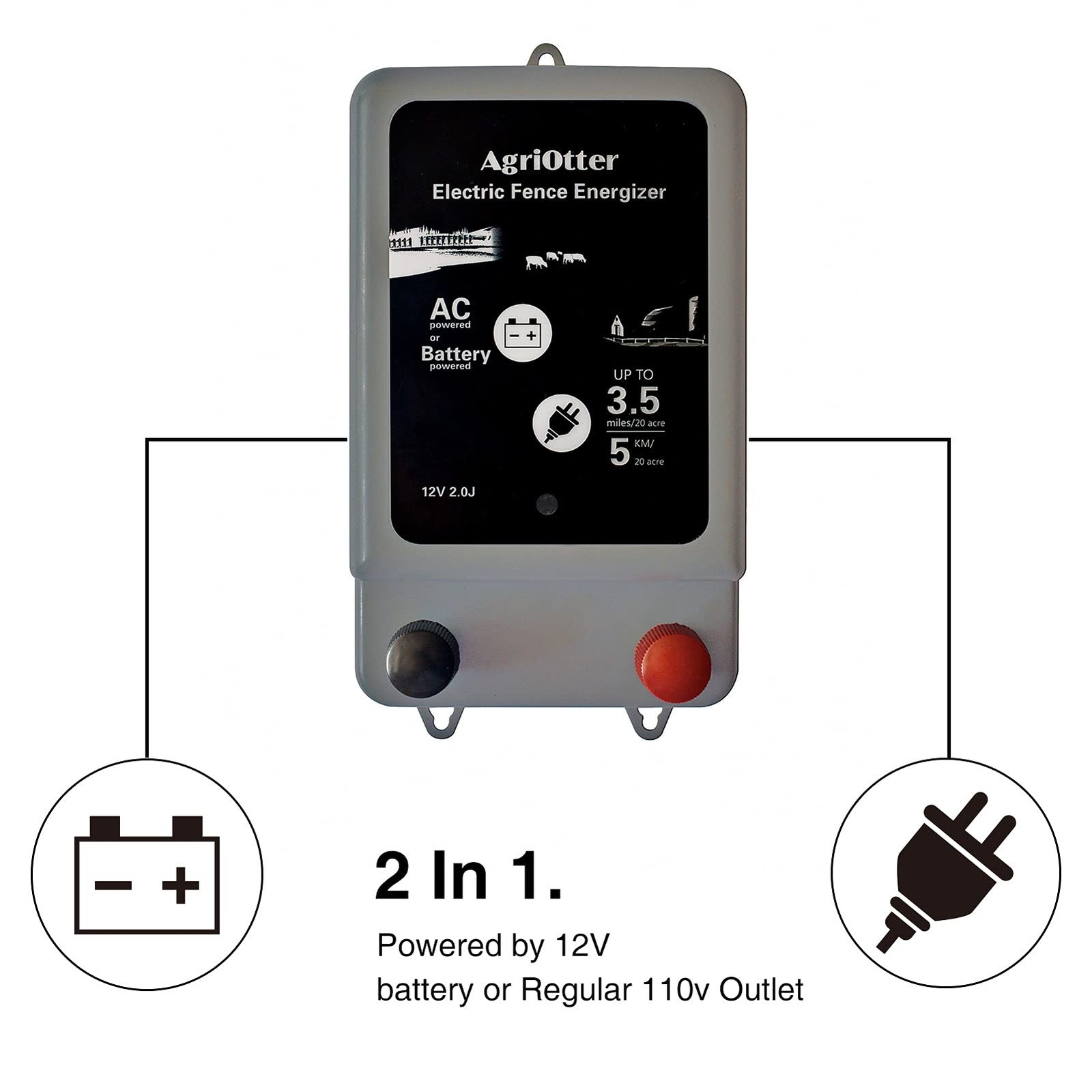 AgriOtter Electric Fence Energizer 20 Acre 2 in 1 Powered by Battery or AC Ou…