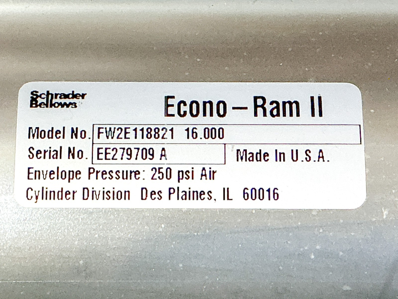 New Schrader Bellows FW2E118821 16.000 Pneumatic Cylinder 250PSI 16” Stroke