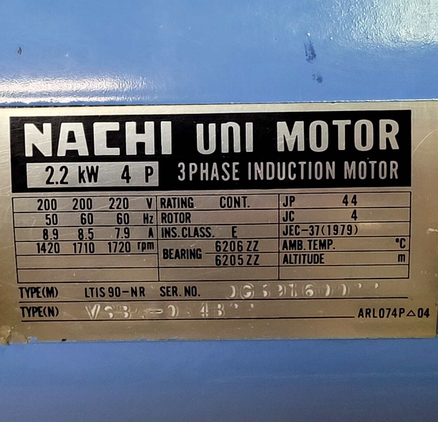 NACHI UNI MOTOR TYPE (M) LTIS90-NR TYPE (N) VSBA-0A4B22 3 PHASE INDUCTION MOTOR