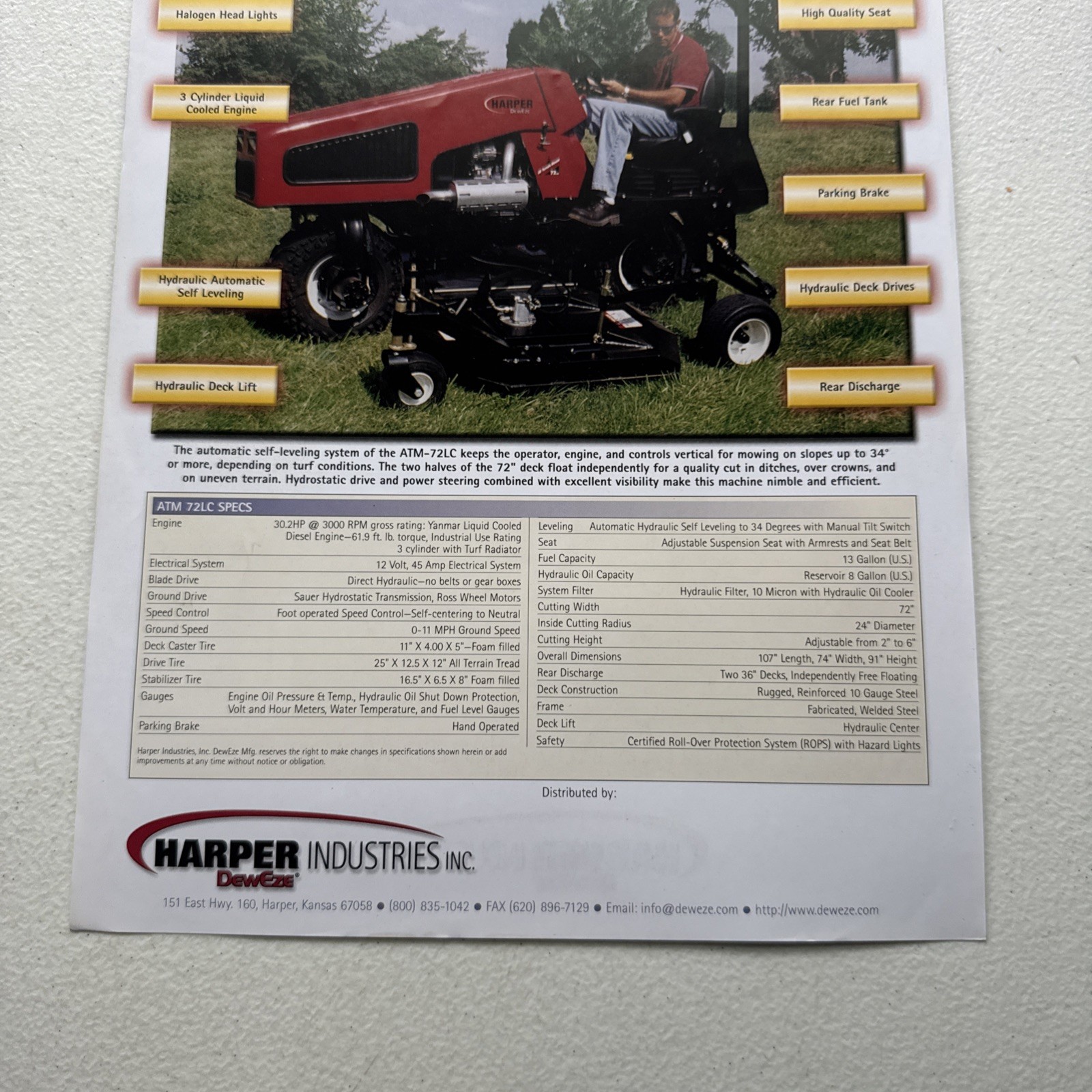 DewEze All Terrain Mower Model ATM-72LC Specification Sheet