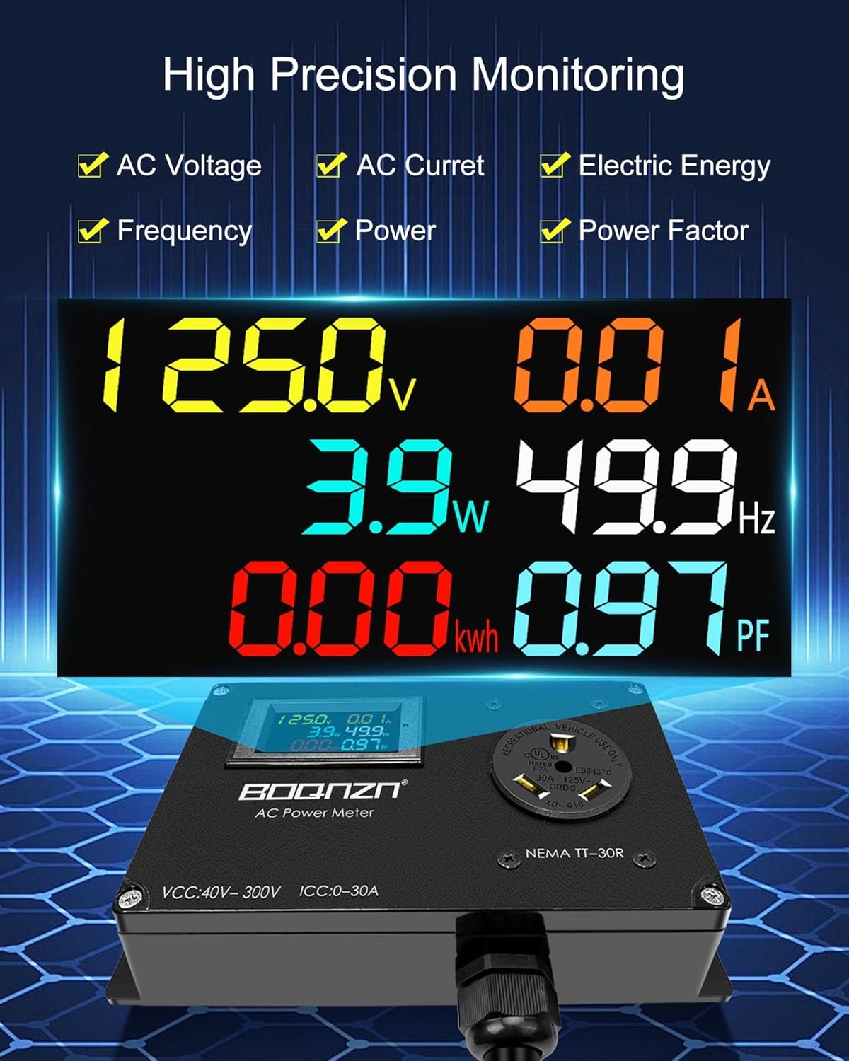 30A AC Power Meter, 125V TT-30P to TT-30R Outlet Monitor for Generator, LCD Disp