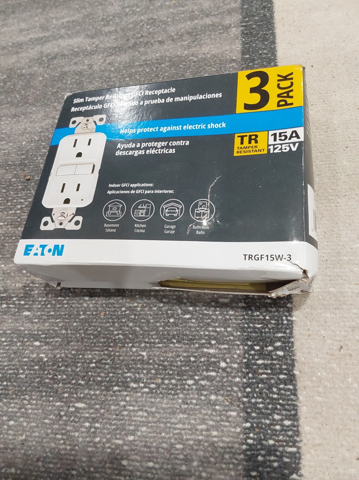 Eaton Tamper Resistant TRGF15W-3 15A/125V GFCI Recept 3-pack White F2***