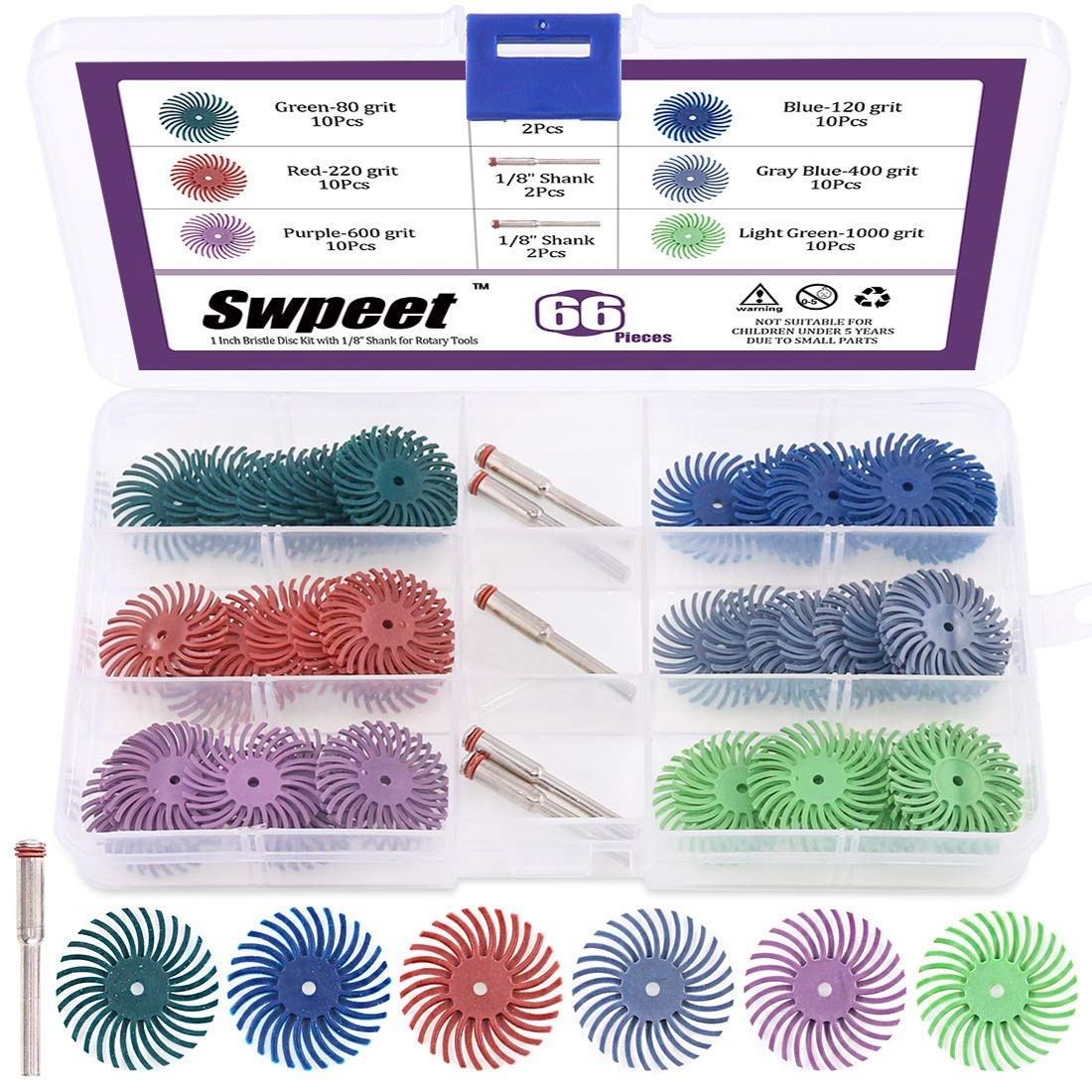 Swpeet 66Pcs 1 Inch 6 Mixed Grit 80/120/220/400/600/1000 Radial Bristle Disc Abr