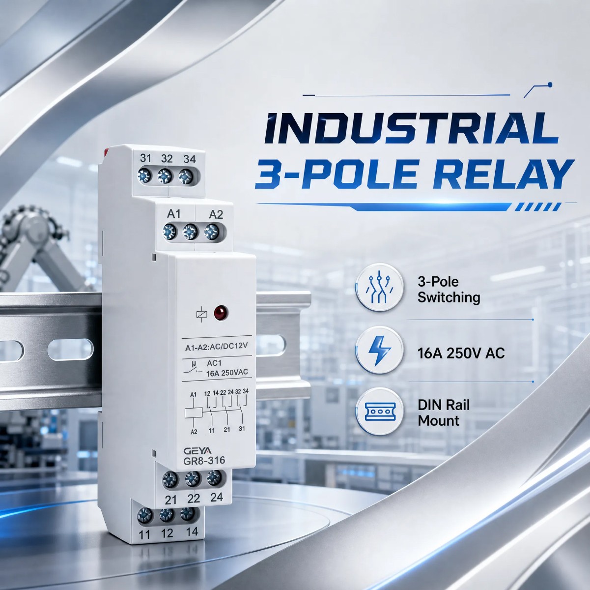 NEW Intermediate Relay Auxiliary Relay 16A 3 SPDT GR8-316 AC/DC12V Din Rail