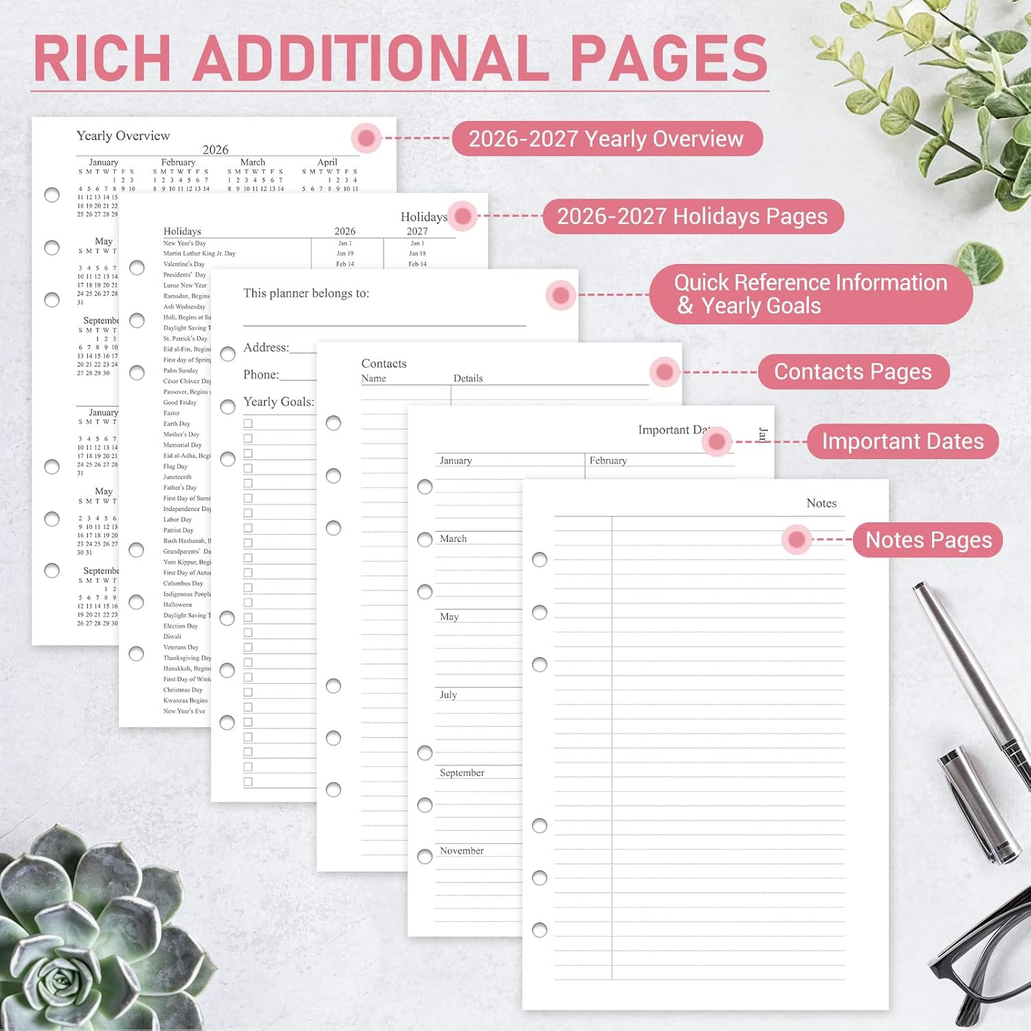 2026-2027 Weekly & Monthly Planner Refill for 6 Holes, A5 Medium Planner Inserts