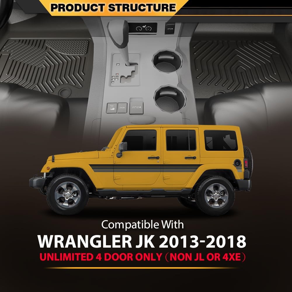 TPE Floor Mats for Jeep Wrangler JK 2013-2018 Unlimited 4Dr (Not JL/4XE) 3PCS
