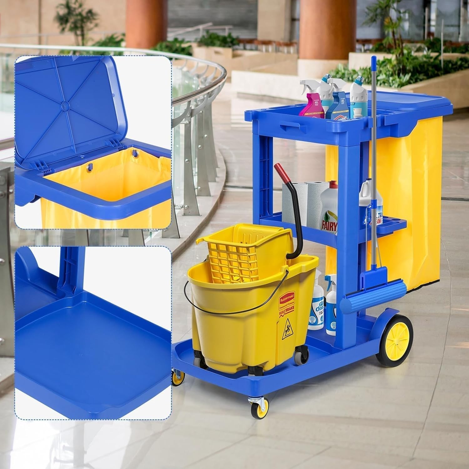 Commercial Janitorial Cart, 3-Shelf Housekeeping Cart with 22 Gallon Vinyl Bag