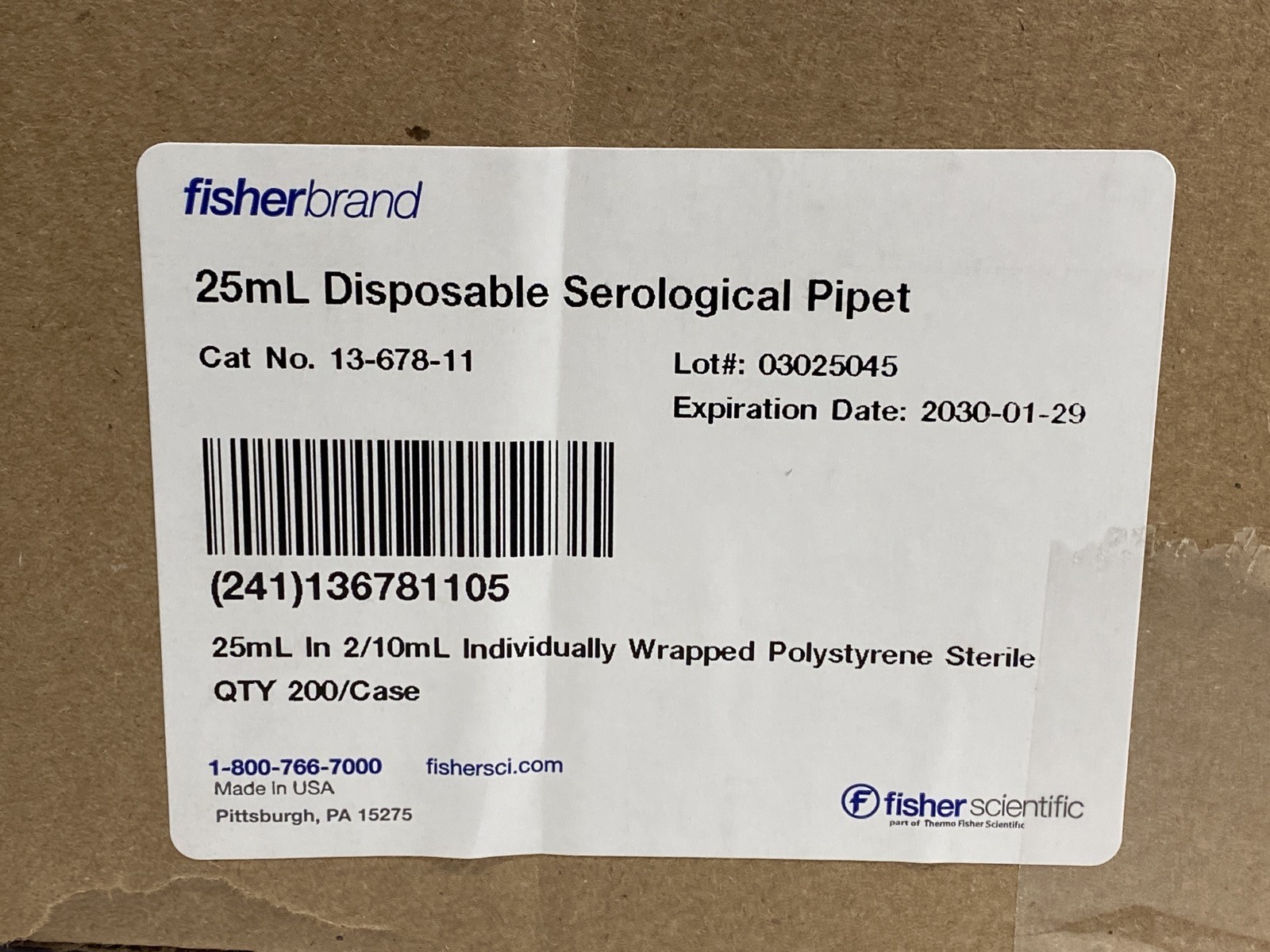 (200/Cs) FISHERBRAND 25mL Disposable Serological Pipets Magnifier 13-678-11