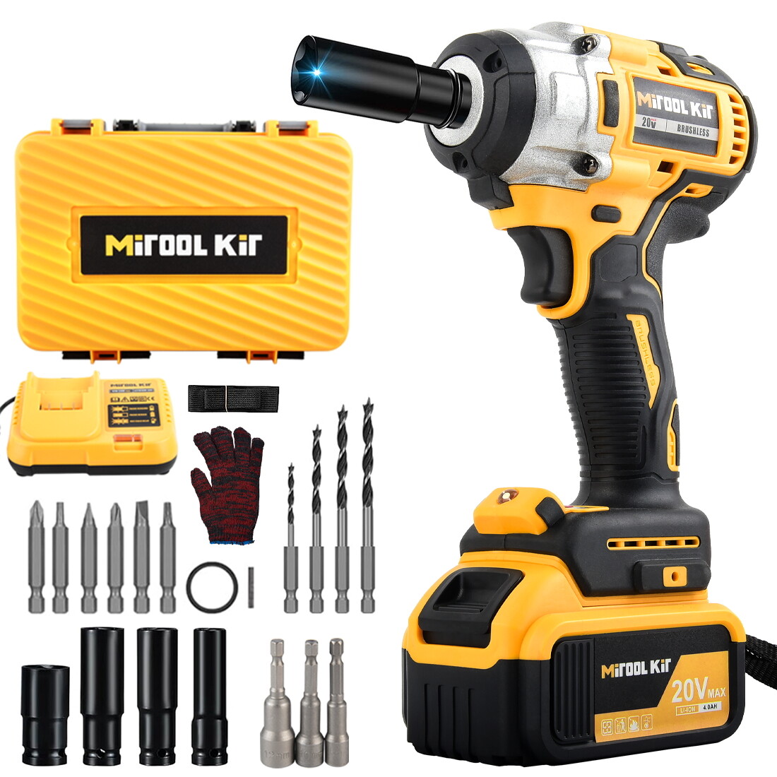 20V Cordless Impact Wrench Kit with Batteries & Charger Brushless Motor