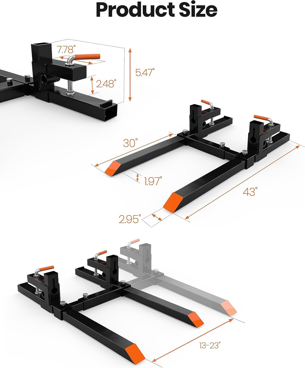 43/60″ Clamp on Pallet Forks 2000lbs/4000 Bucket Tractor Forks W/ Stabilizer Bar