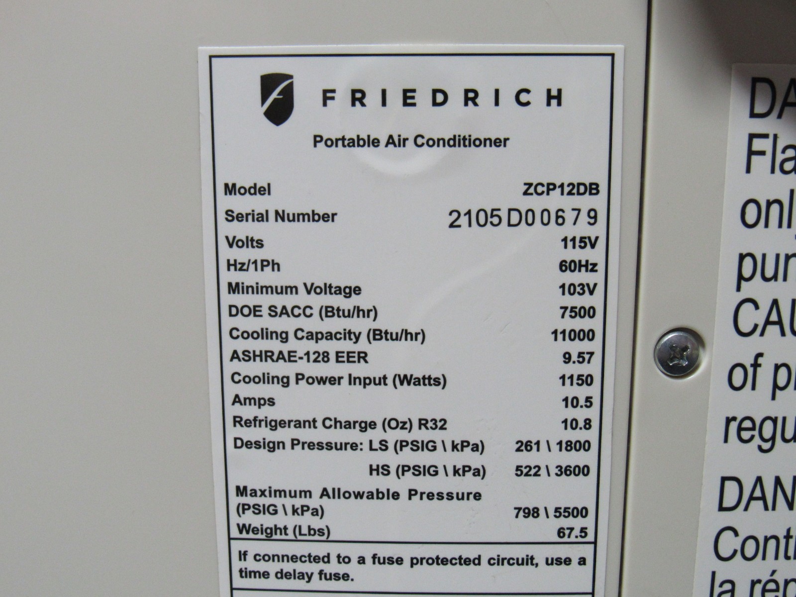 Friedrich zcp12db Portable Air Conditioner 7500-11000BTU 115V 1Ph **No Remote**