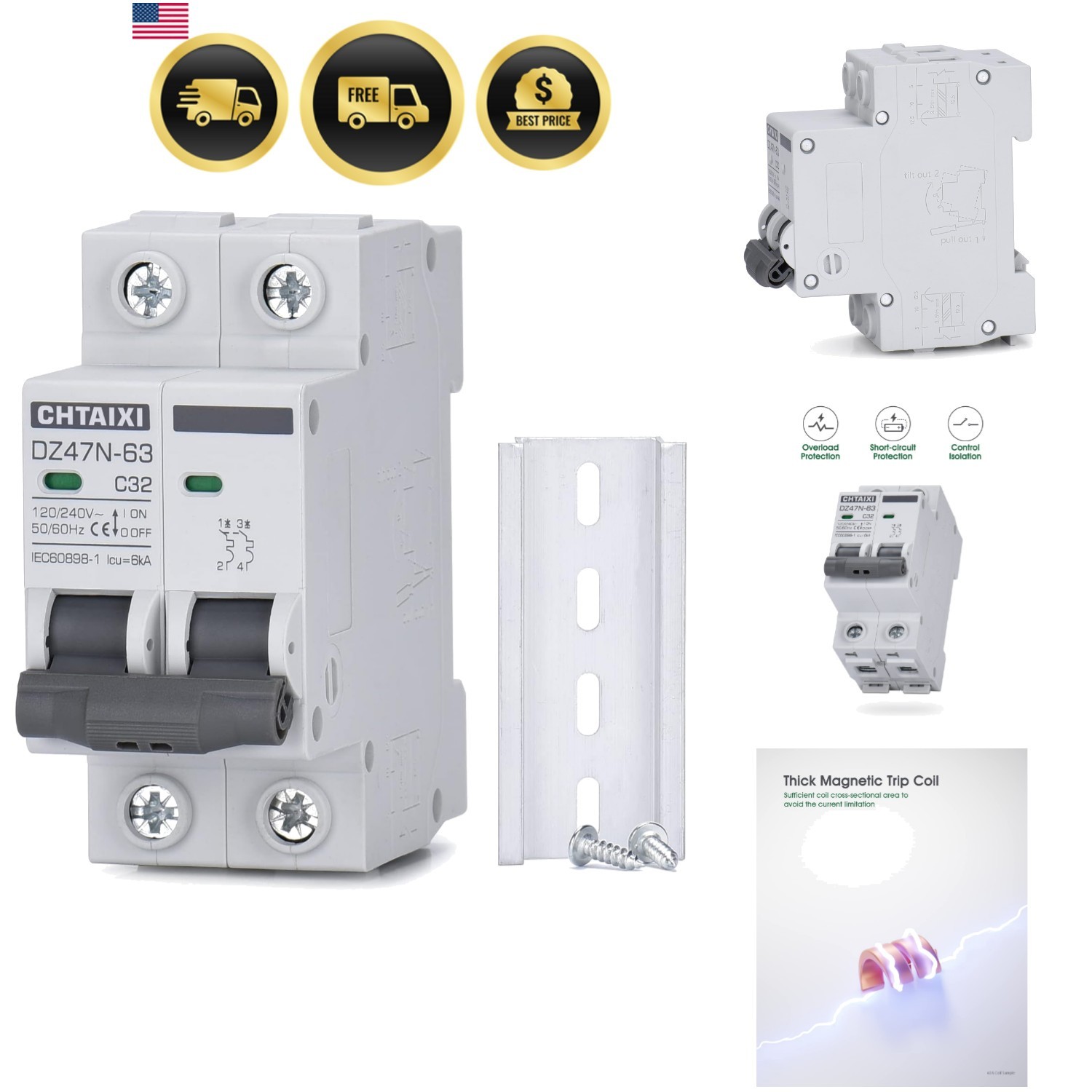 AC Miniature Circuit Breaker, 32 Amp 120V/240V 2 Pole DIN Rail Mount Circuit …