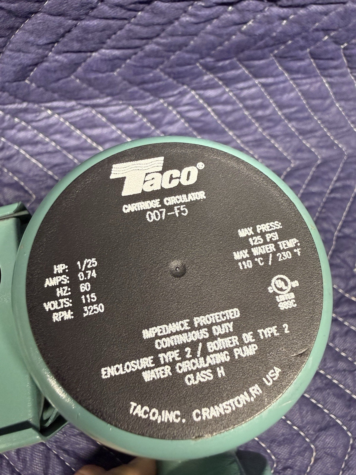 Taco 007-F5 Cartridge Circulator Pump 1/25 HP 115V 3/4in 3250 RPM