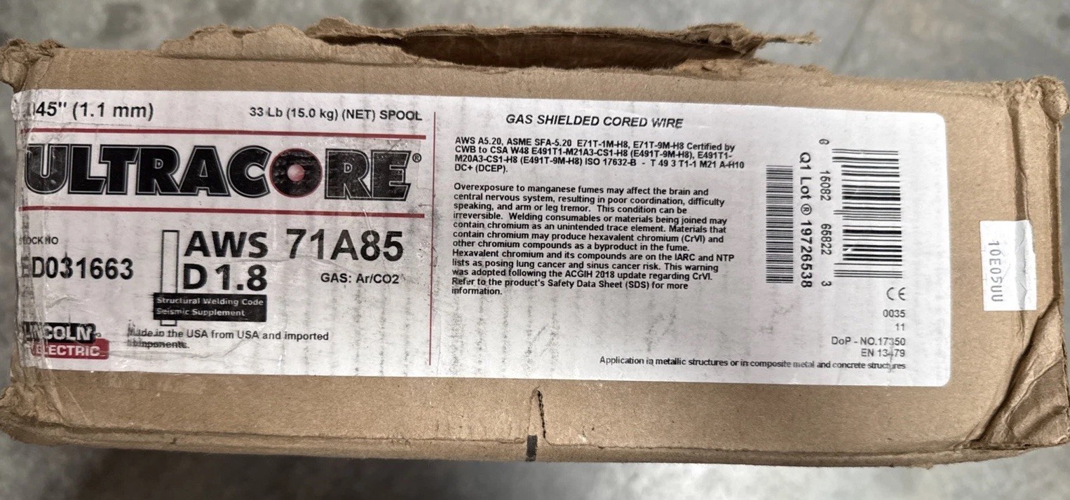 Lincoln ED031663 UltraCore 71A85 Flux Cored Welding Wire E71T-9M, 0.045 in, 33lb