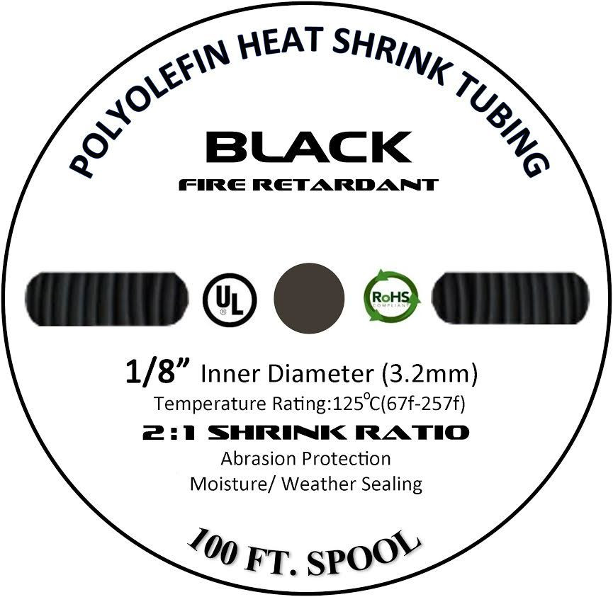 100 FT. 100′ Feet BLACK 1/8″ 3mm Polyolefin 2:1 Heat Shrink Tubing Tube Cable UL