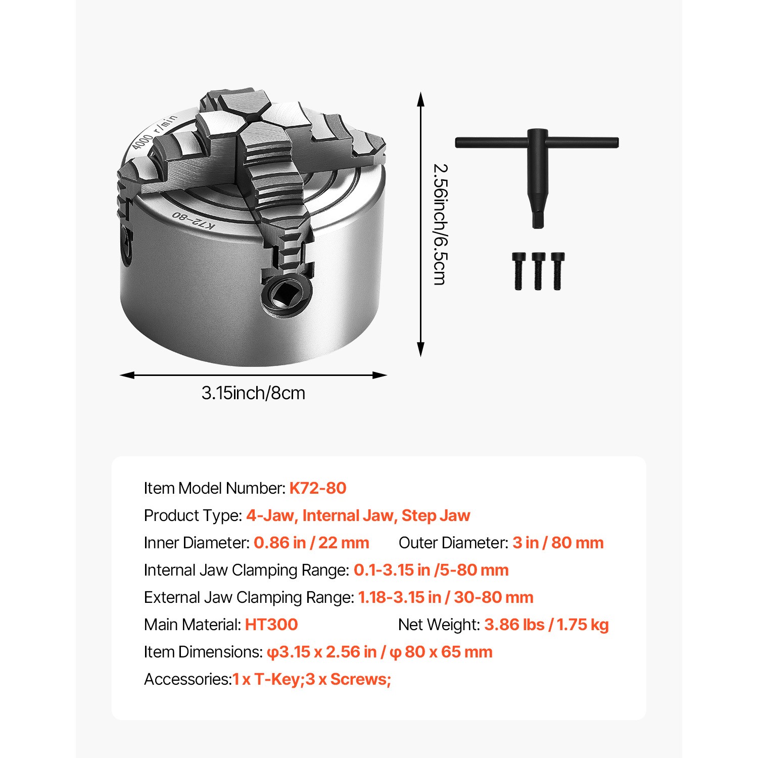 3 Inch 4-Jaw Self-Centering Lathe Chuck for Drilling Milling Machine 3D