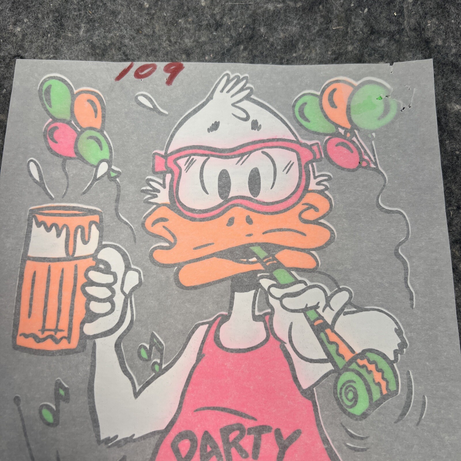 VTG Original 1980’s Neon Party Duck Beer Balloons Boombox Iron On Transfer 12″H