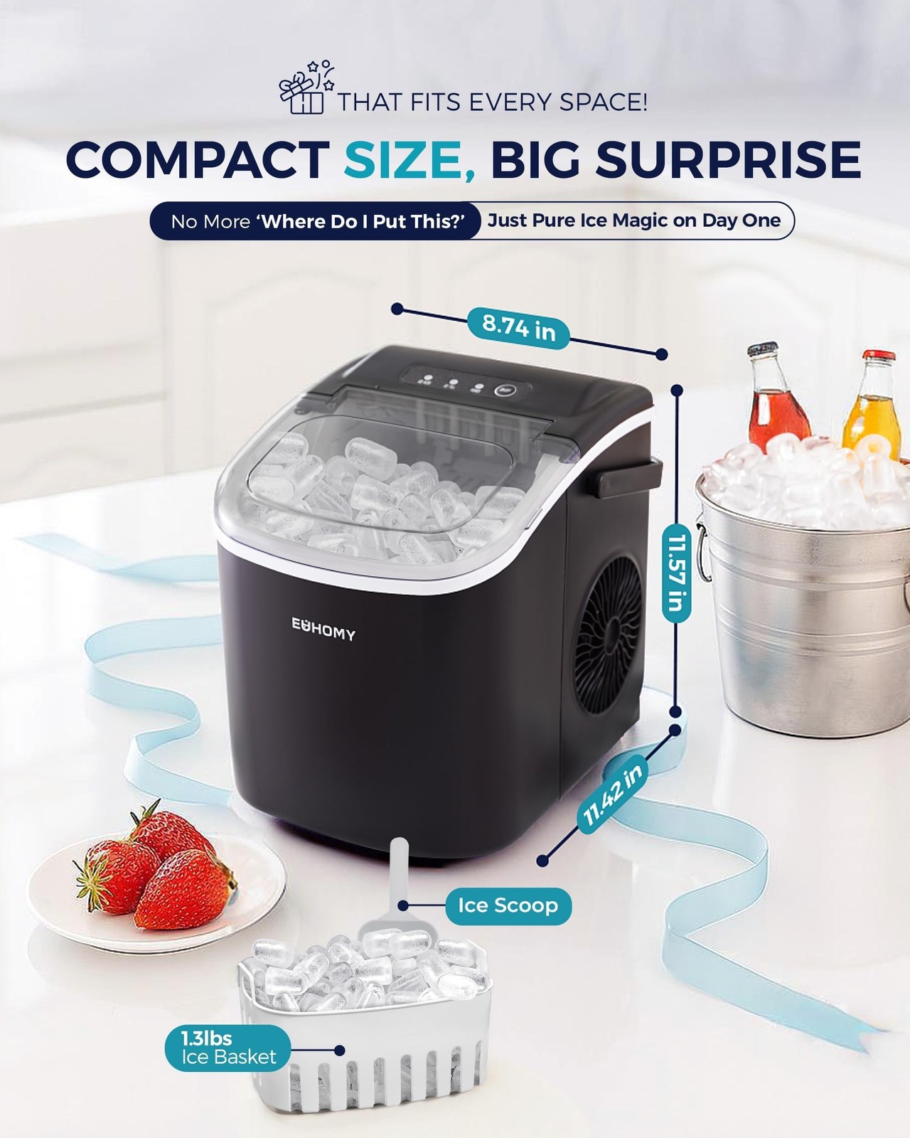 EUHOMY Countertop Ice Maker Machine with Handle, 26.5lbs Per Day, 9 Ice Cubes…