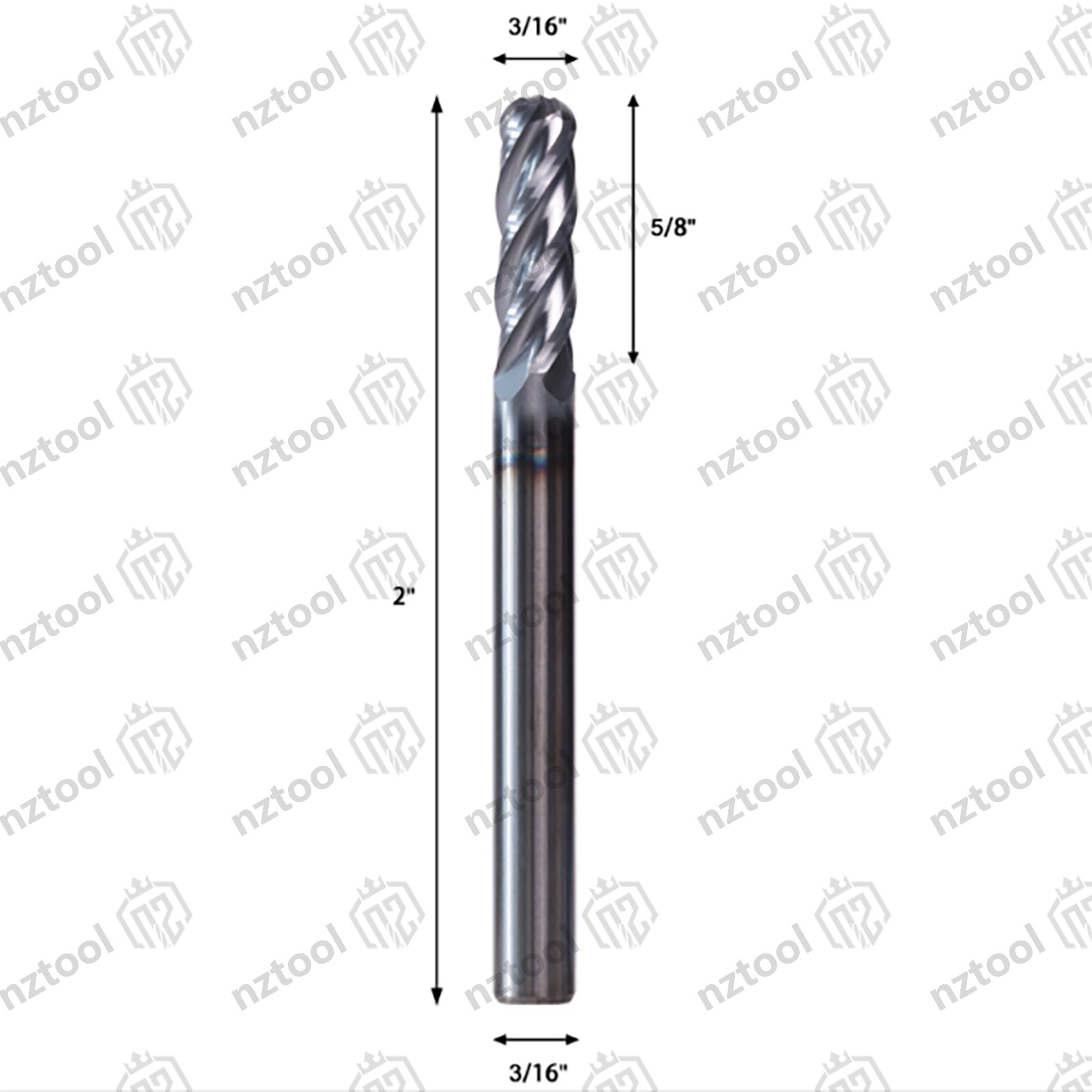 5 PCS 4 Flute 3/16″ x 2″ Overall Length Ball Nose Carbide End Mill AlTiN Coated