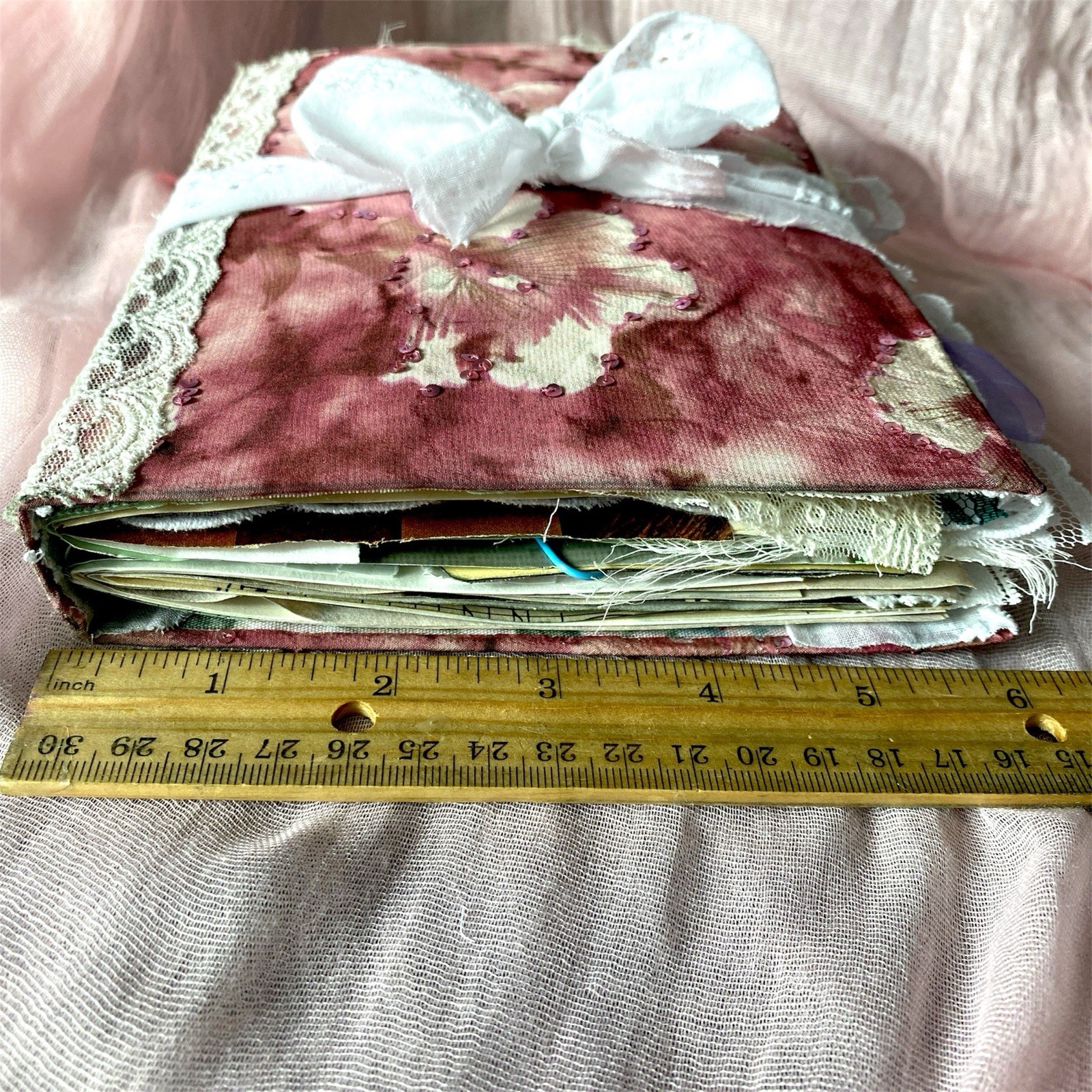 Handmade Vintage Silk Fabric Junk Journal Book Romantic Floral 2 Signatures Lace