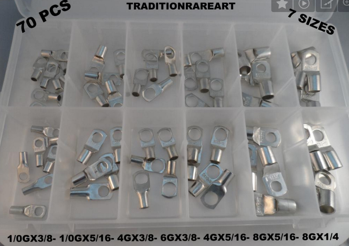70 PIECES 7 SIZES TINNED COPPER LUG BATTERY CABLE CONNECTOR TERMINAL ASSORTMENT