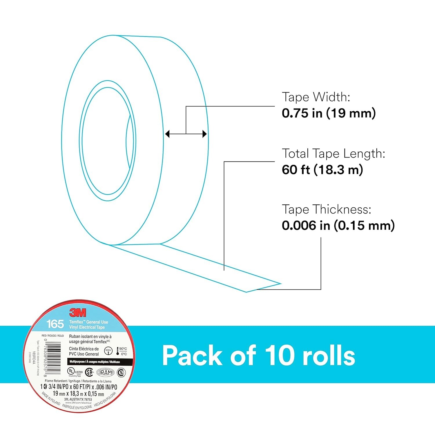 3M Temflex Multi-Purpose Vinyl Electrical Tape 165 3/4in x 60ft Red 10 Rolls