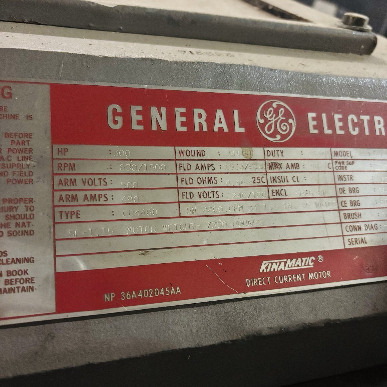 GE KINAMATIC 300 HP CD4460 DC Motor 500V 630/1500RPM SPFG-SV