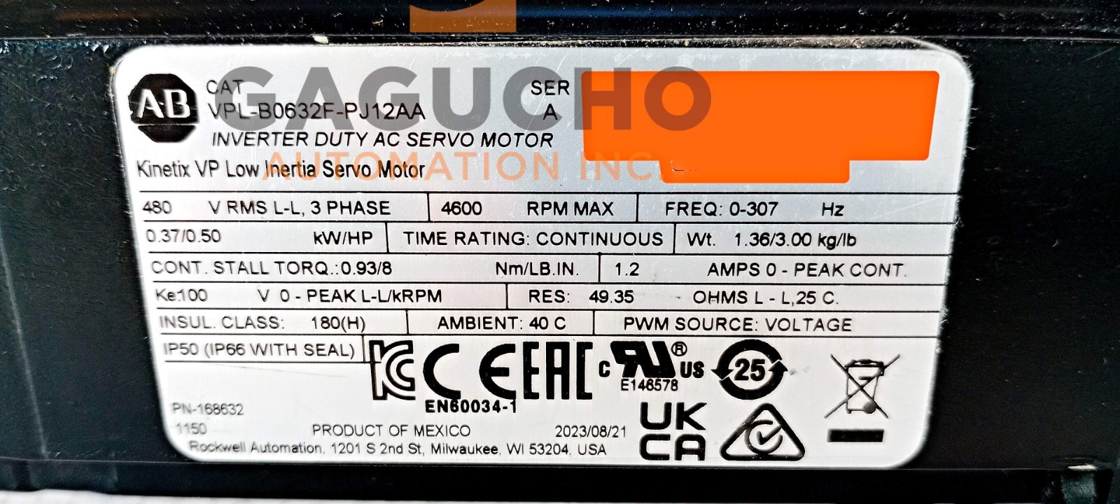 SURPLUS 2023 Allen-Bradley VPL-B0632F-PJ12AA Kinetix Low Inertia Servo 0.5HP