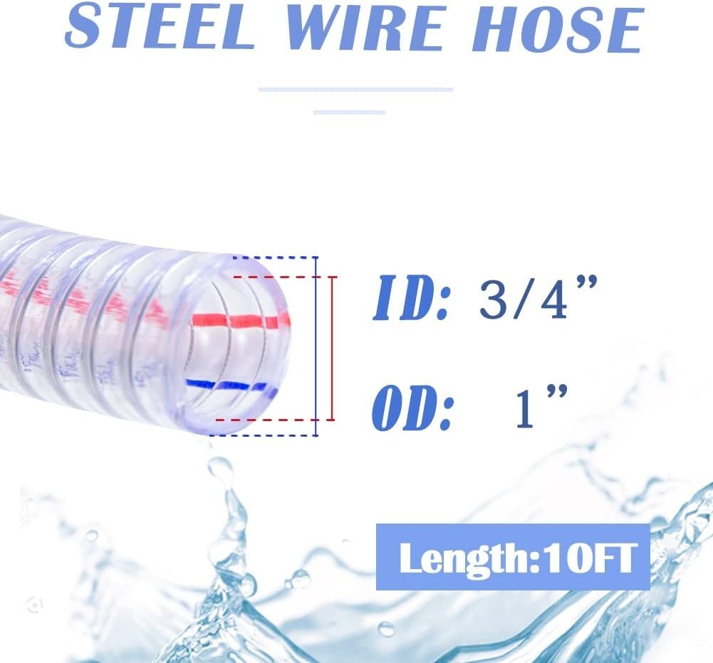3/4″ ID x 1″ OD, 10FT length Steel Wire Hose PVC Vacuum Tubing with 2 Stainle…