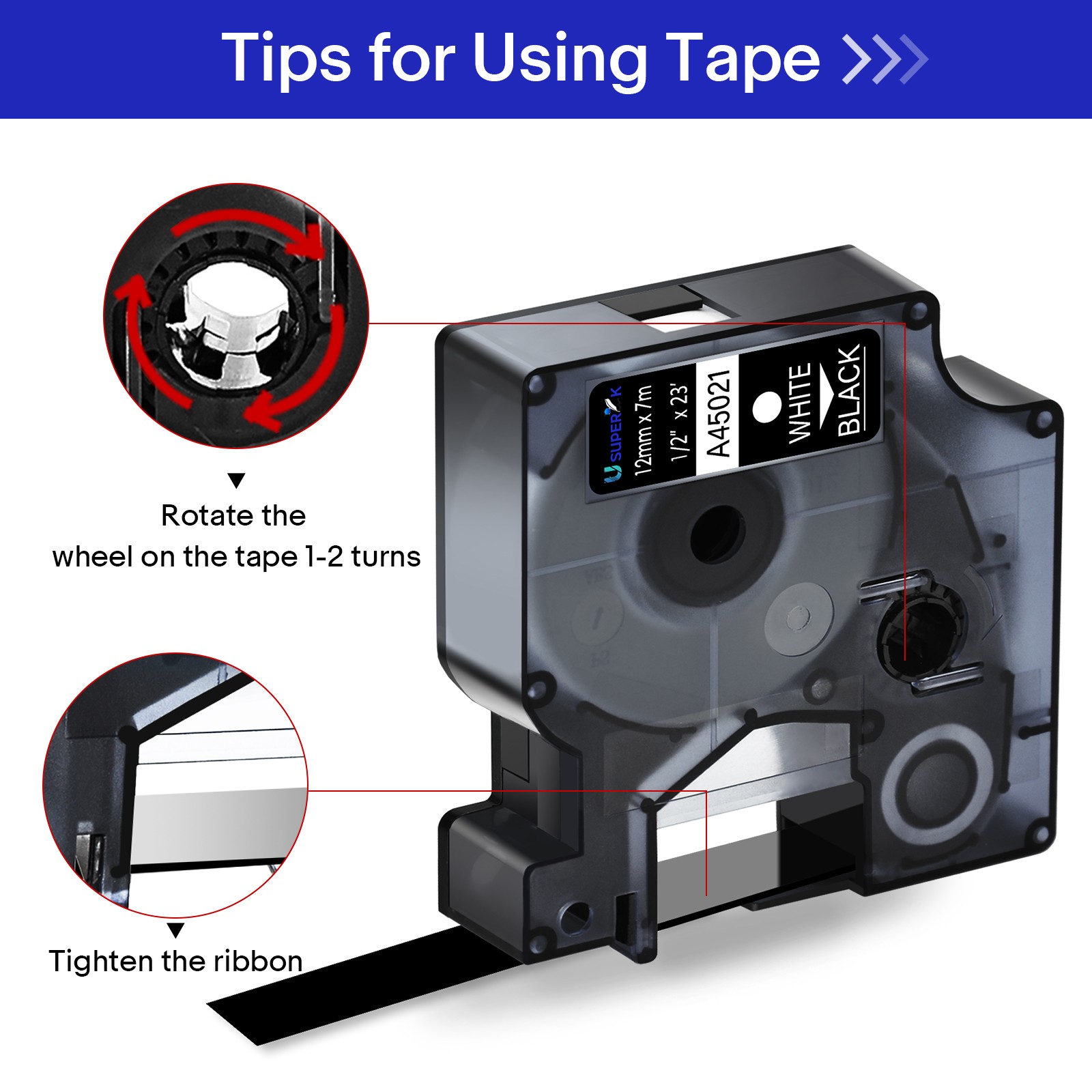 6P Replace for Dymo D1 Label Tape 1/2″ dymo Label Maker Refill 45021 White/Black