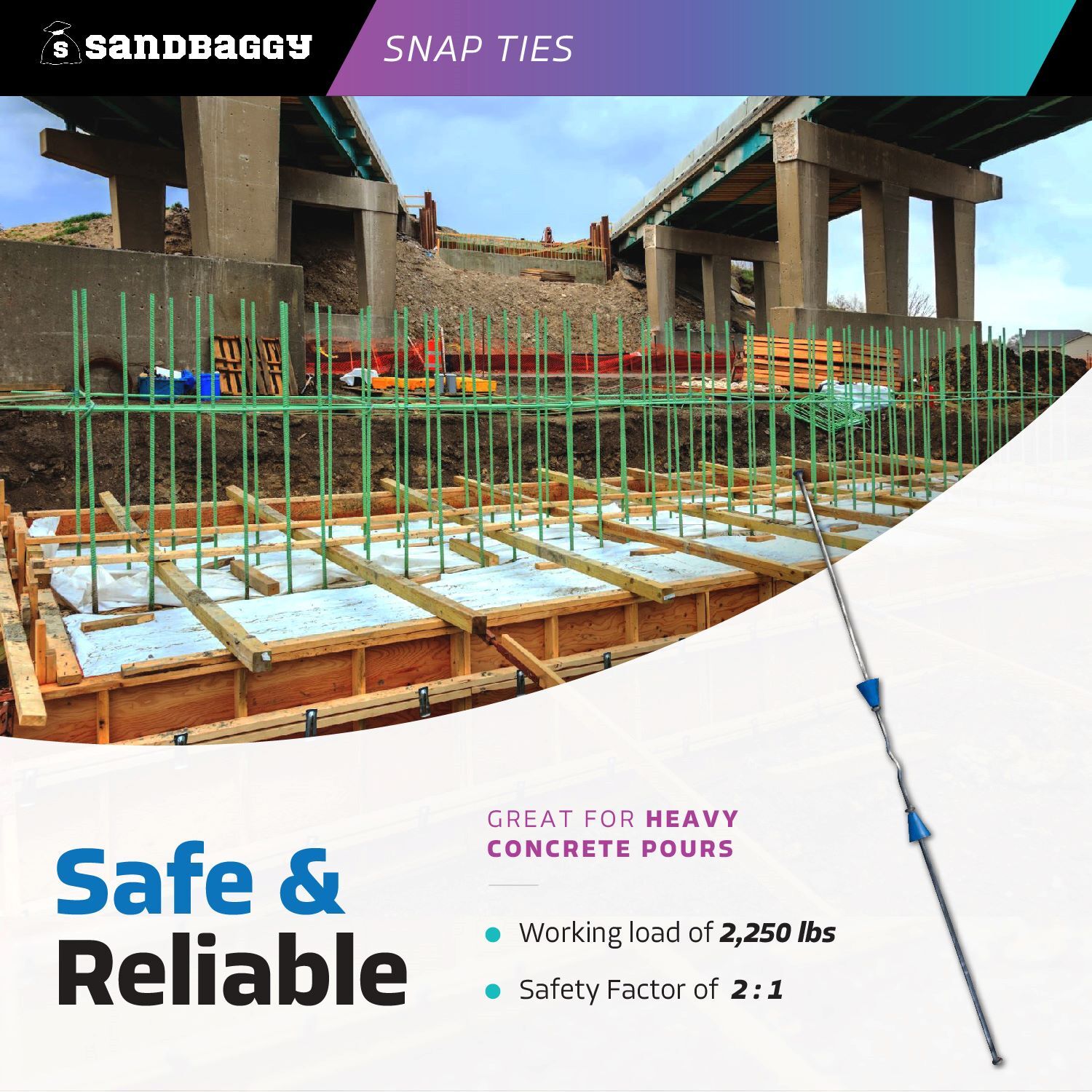 Sandbaggy 6″ x 8 ¼” Standard Snap Ties For Concrete Forms (Long End)