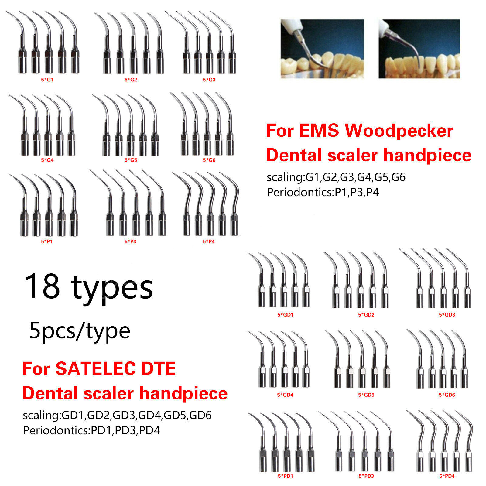 5*Dental Ultrasonic Scaler Tips Fit EMS Woodpecker DTE Handpiece/ Wrench Key ns